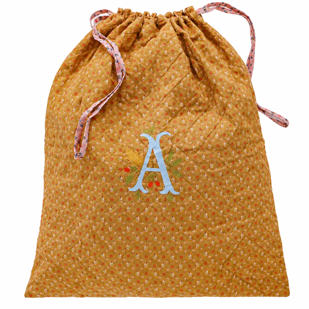 Personalised Santa's gift sack with letter embroidery, Tähti turmeric
