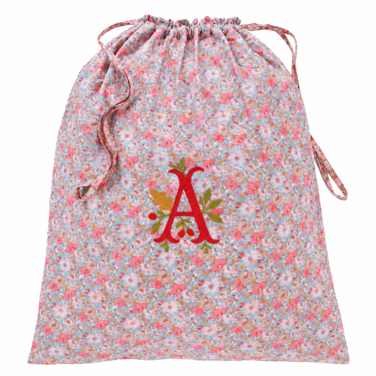 Personalised Santa's gift sack with letter embroidery, Meadow Song Liberty fabric