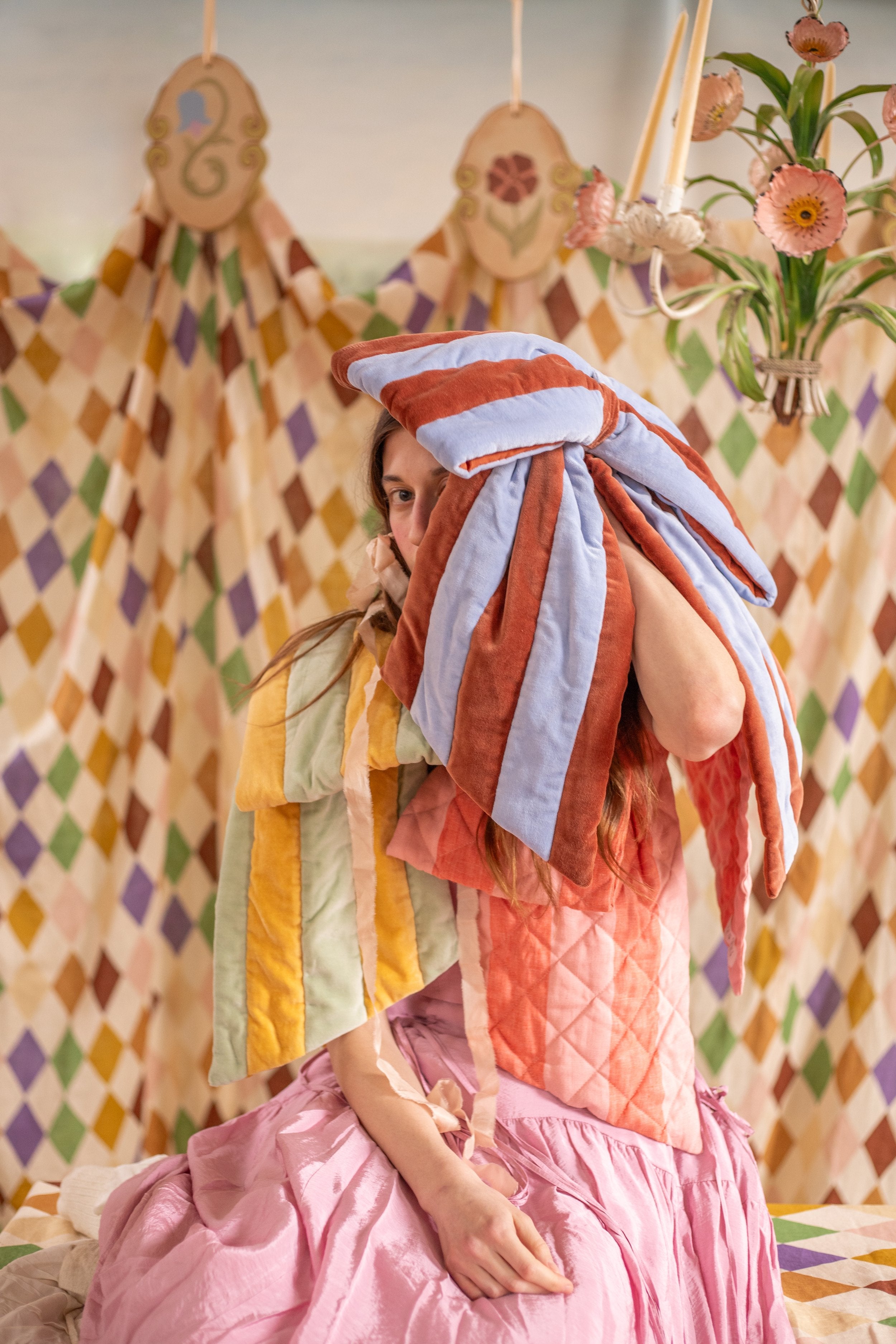 Marionette velvet striped bow, pistachio/butter yellow