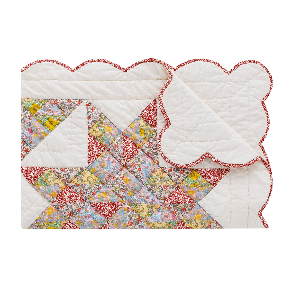 Patch of Paradise, made with Liberty fabrics, patchwork BABY quilt, red