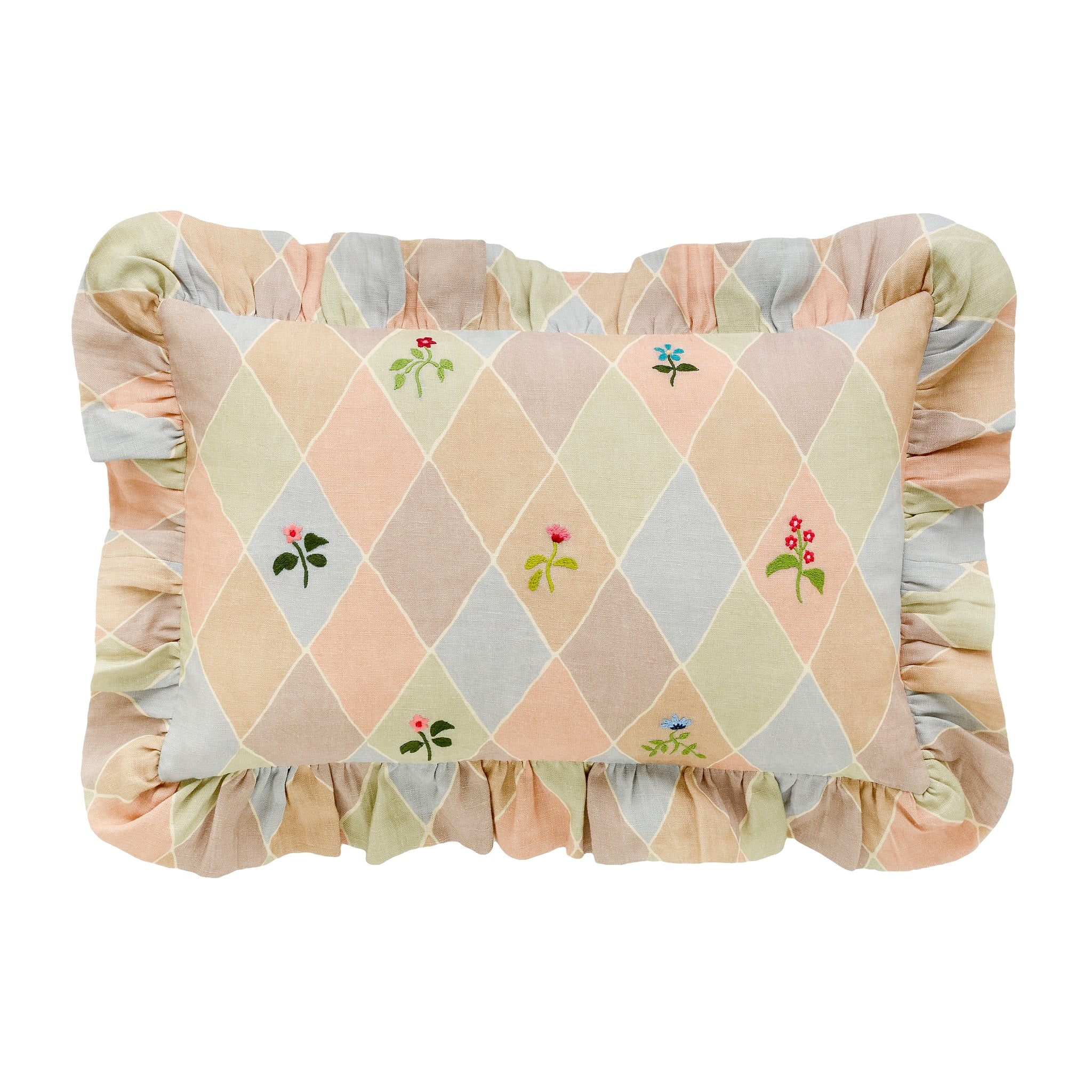 Harlequin frill embroidered cushion, macaron