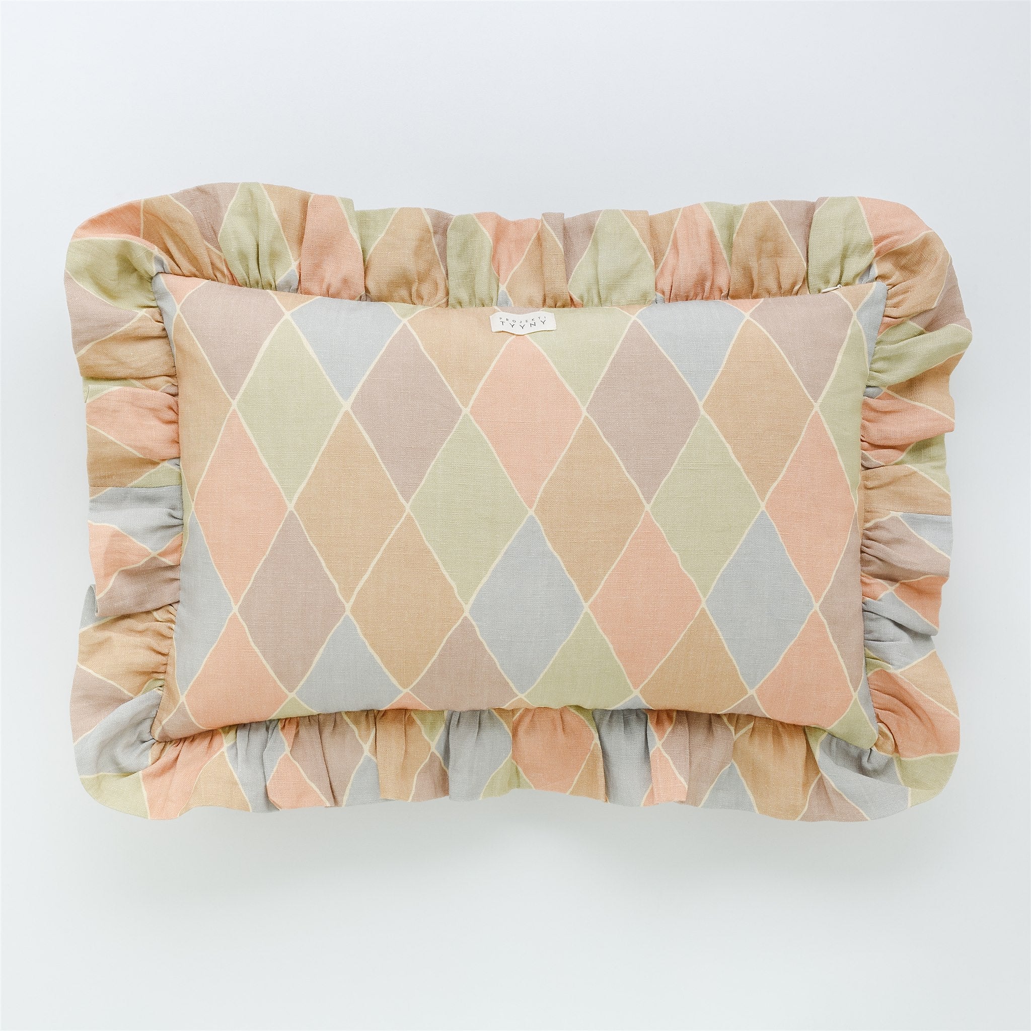 Harlequin frill embroidered cushion, macaron