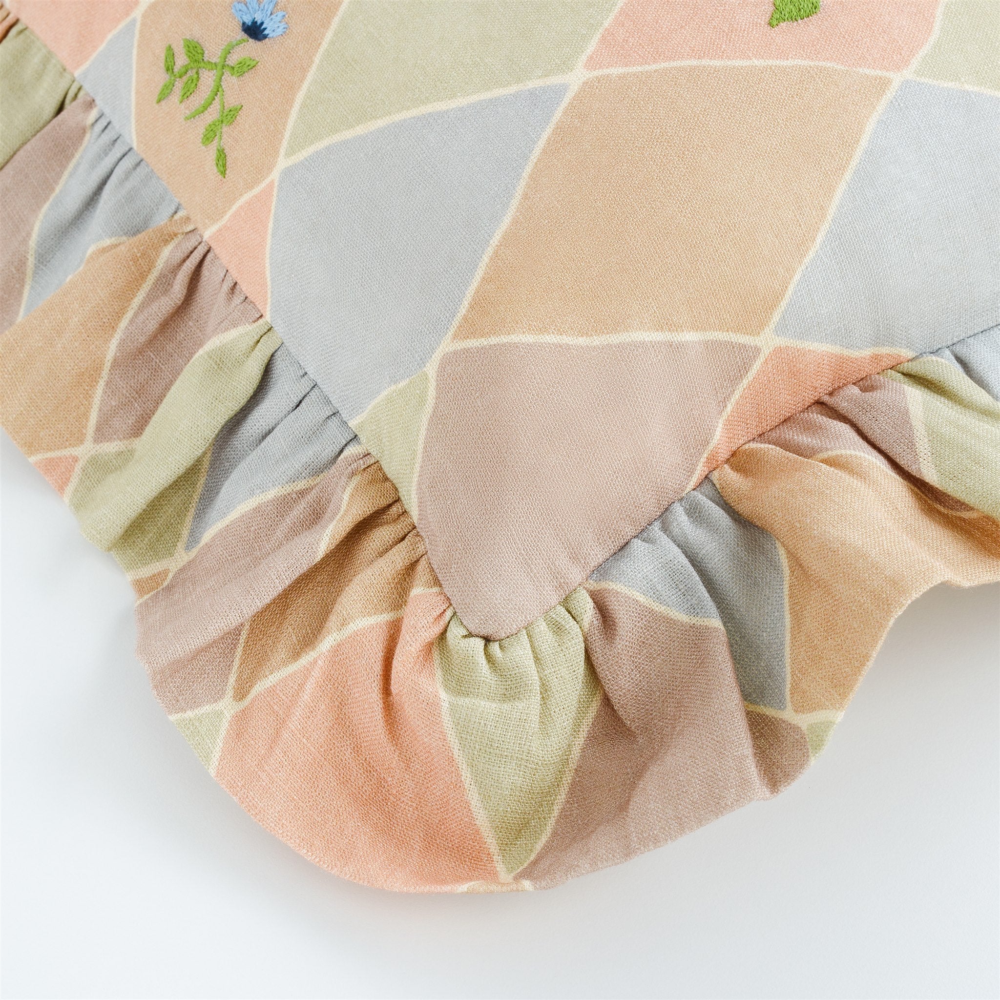 Harlequin frill embroidered cushion, macaron