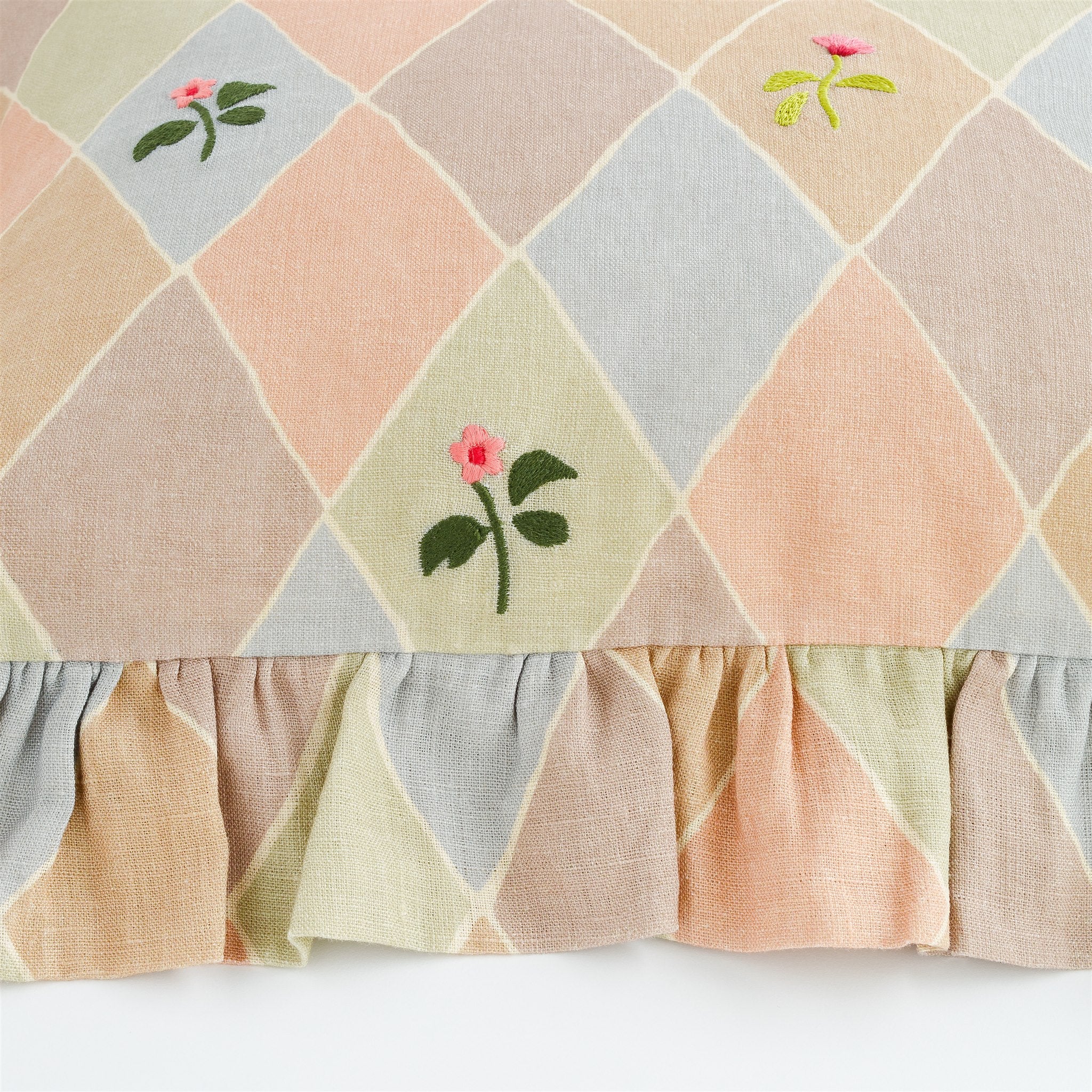 Harlequin frill embroidered cushion, macaron
