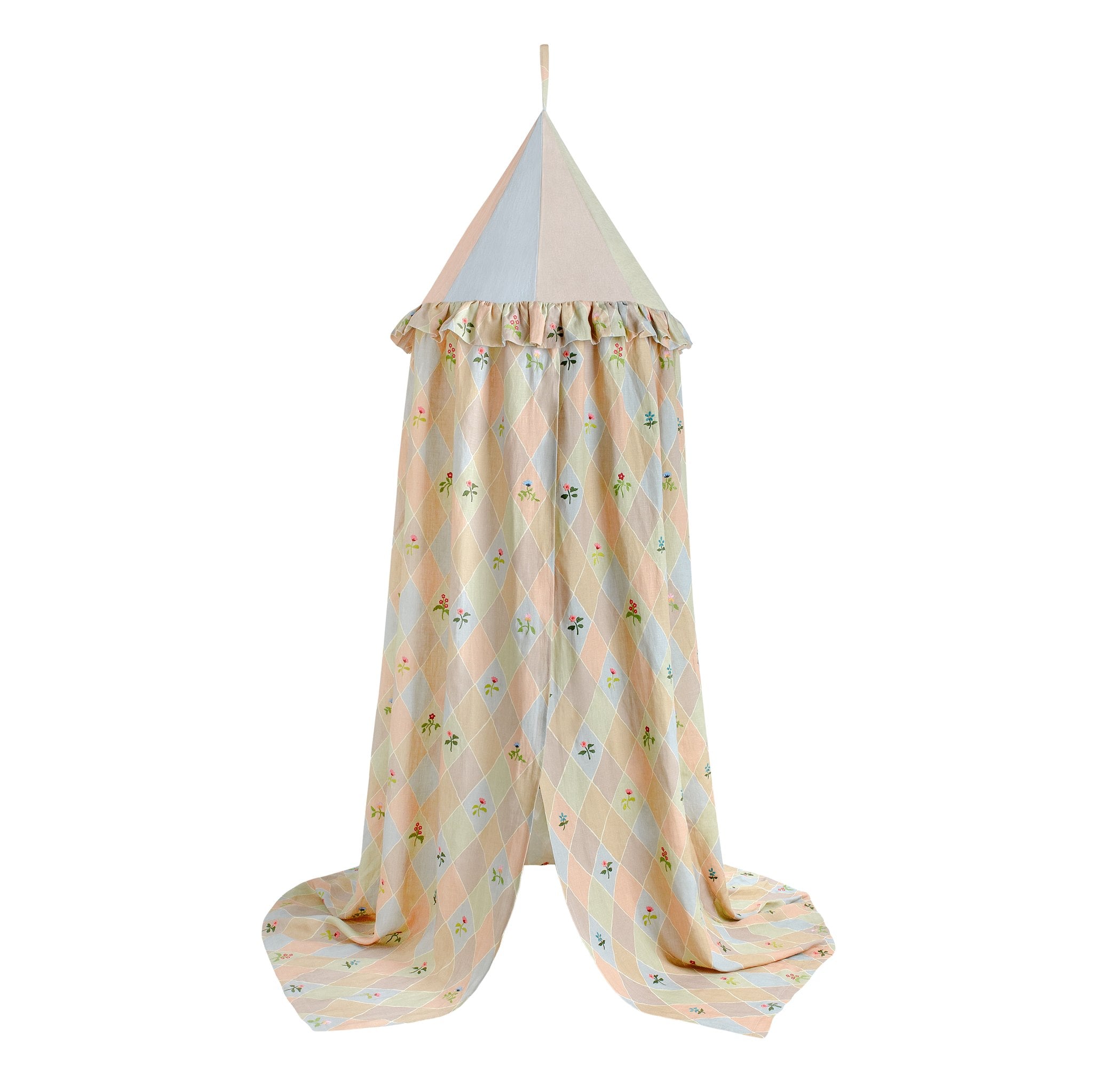 Harlequin canopy (with wildflower embroidery), macaron