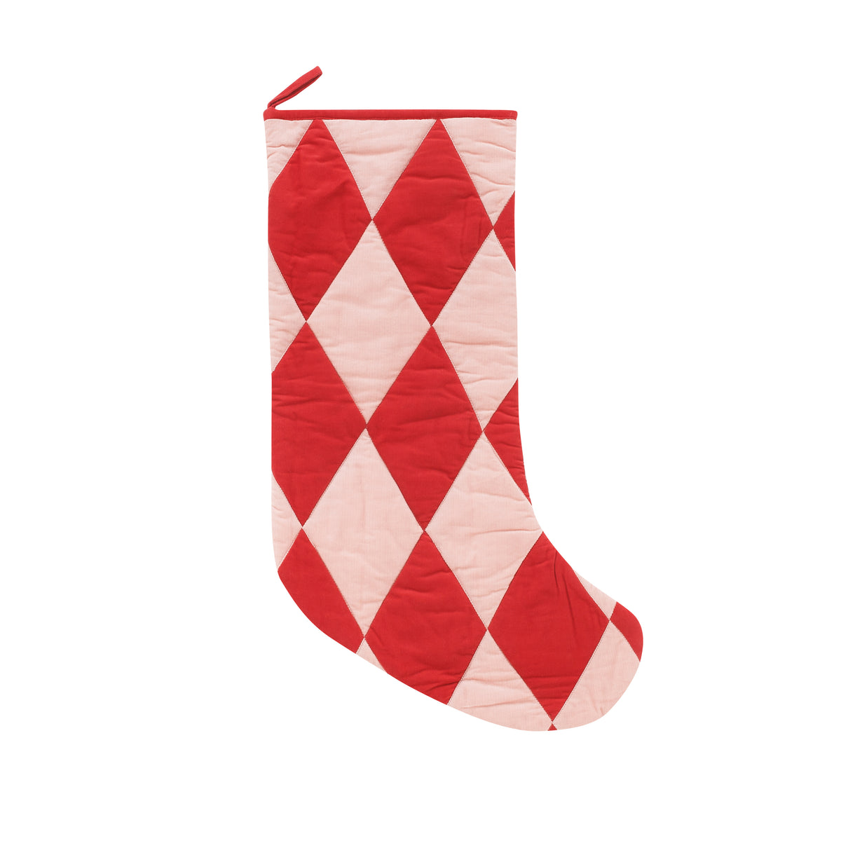 Harlequin patchwork Christmas stocking, red/pink