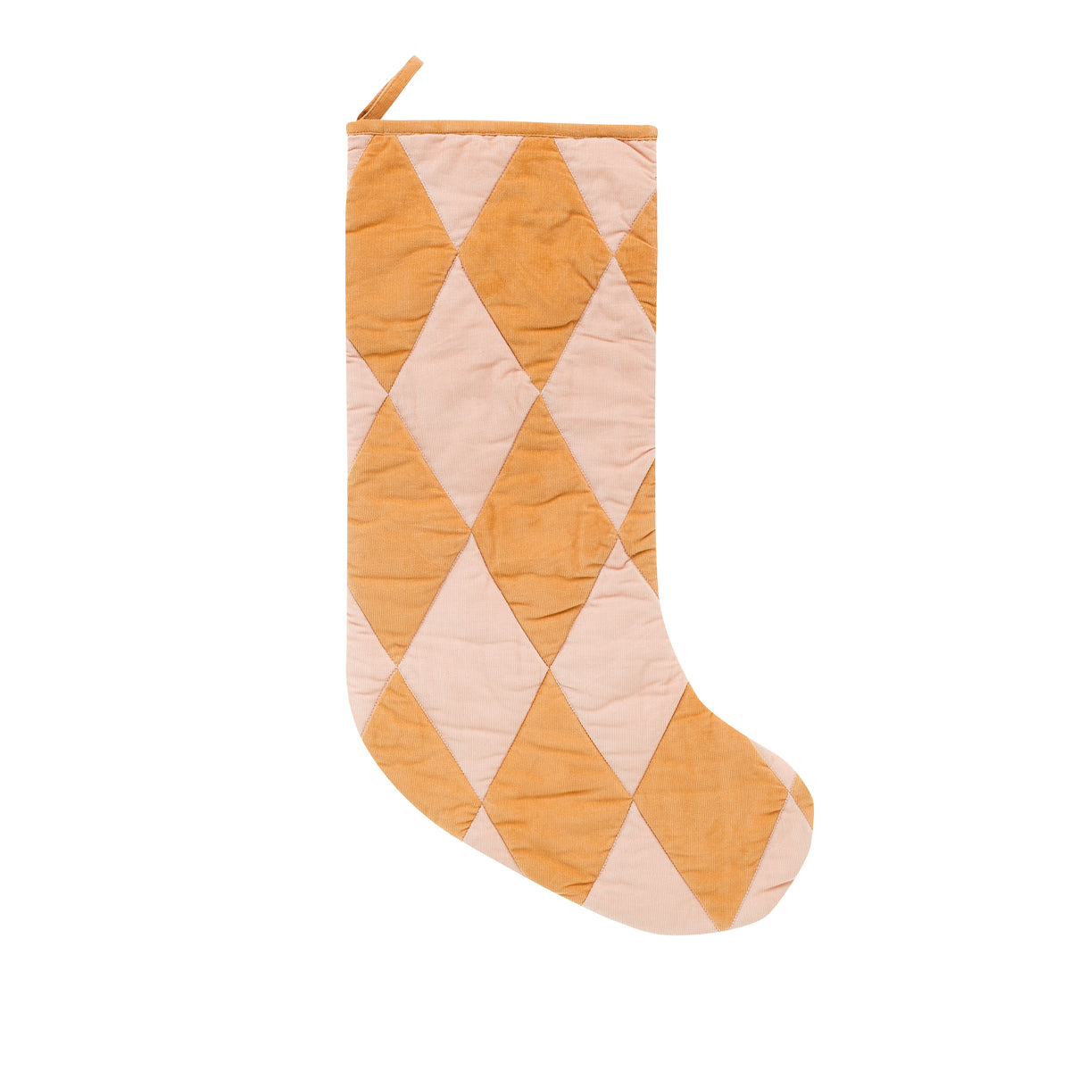 Harlequin patchwork Christmas stocking, mustard/peach