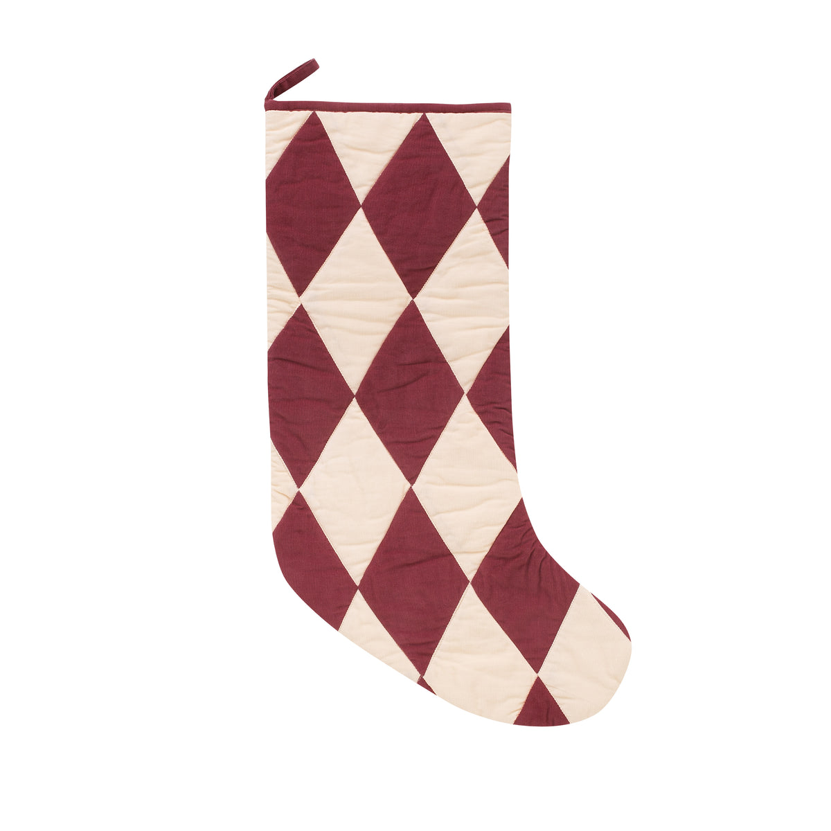 Harlequin patchwork Christmas stocking, claret/cream