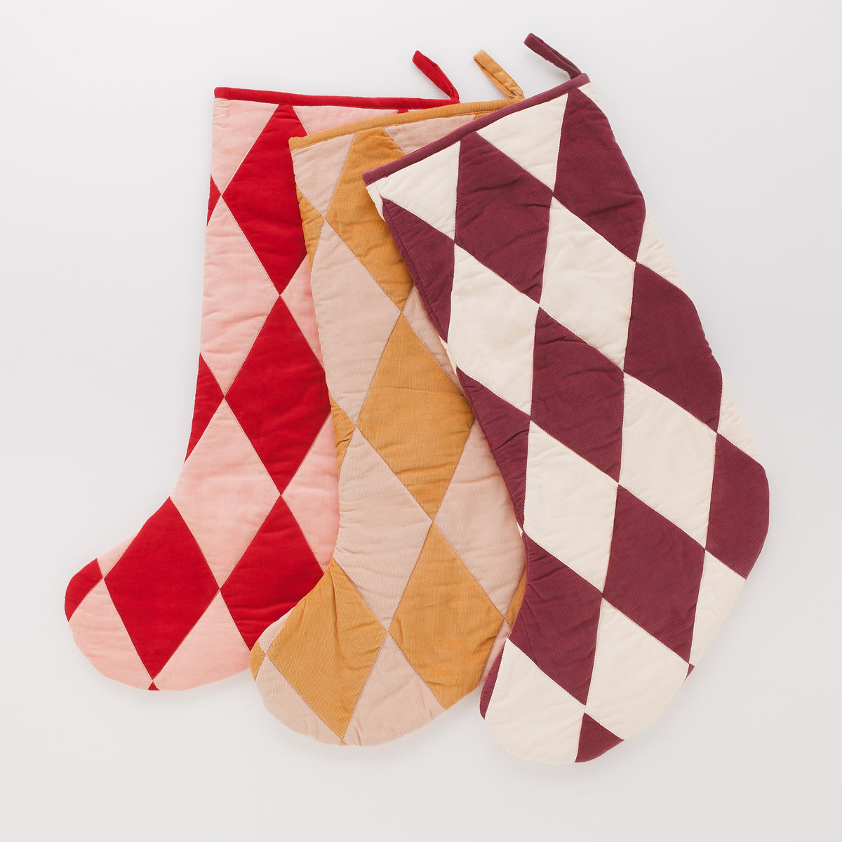 Harlequin patchwork Christmas stocking, claret/cream