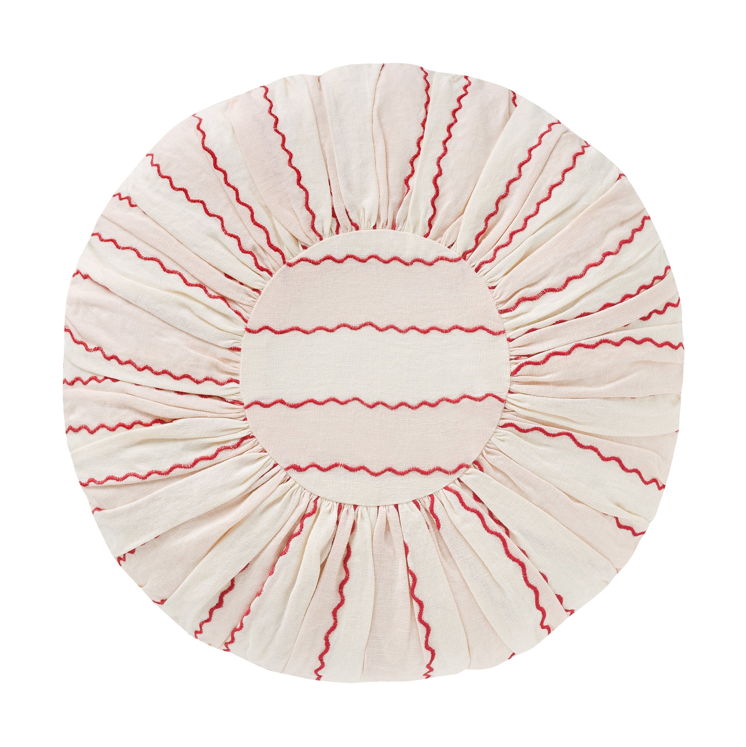 Marionette embroidered stripe round cushion, pink/cream