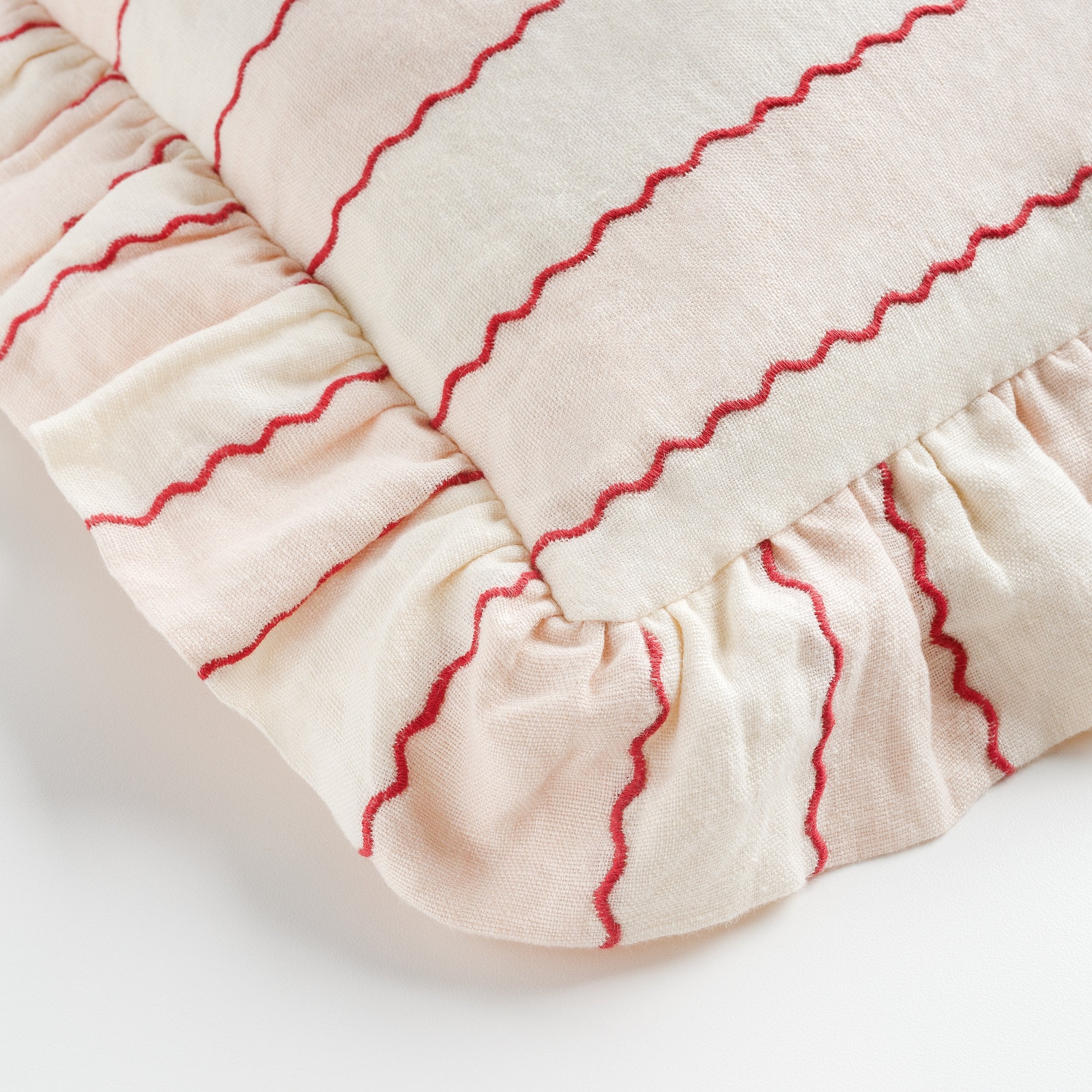 Marionette stripe embroidered cushion, pink/cream