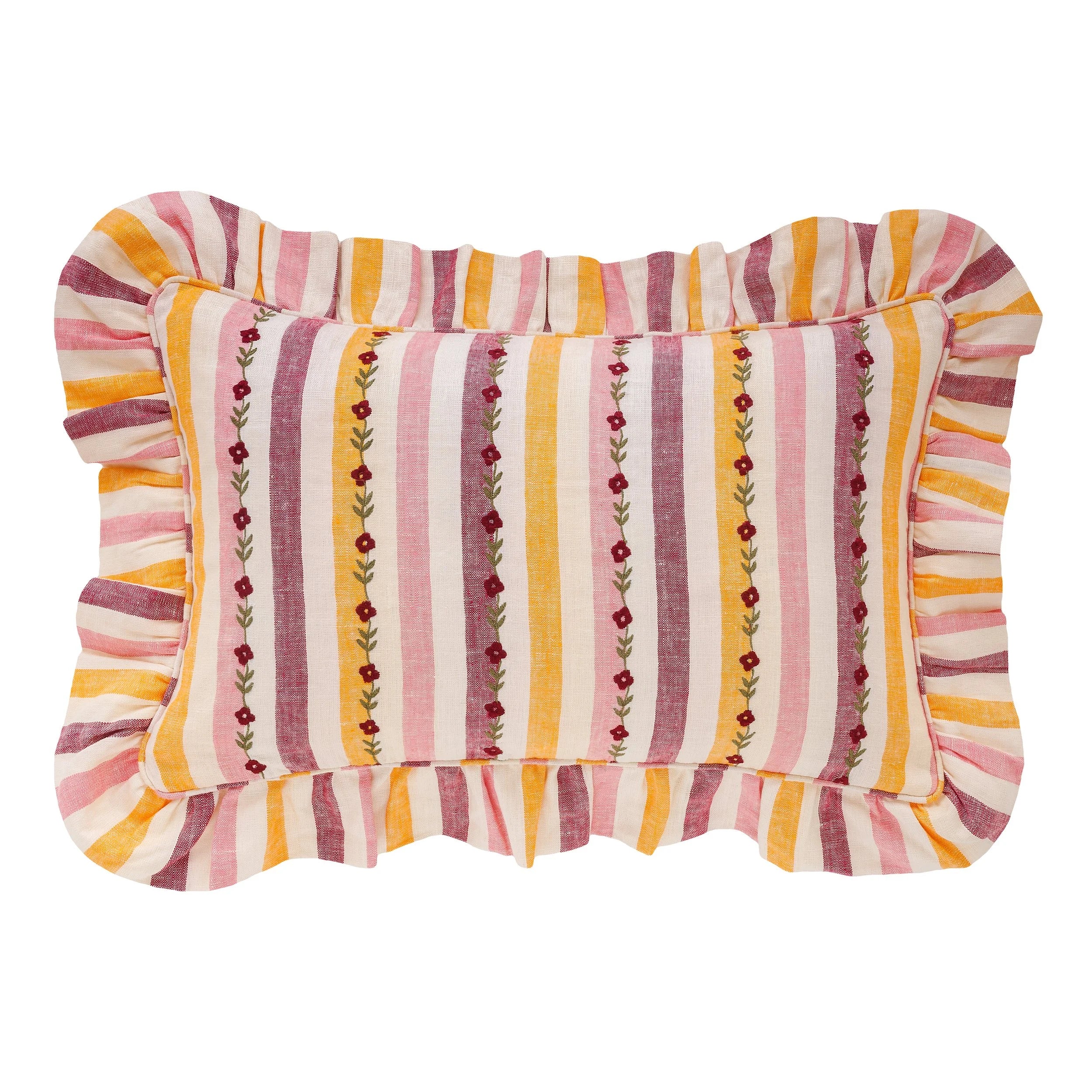 Candy stripe embroidered frill cushion, claret