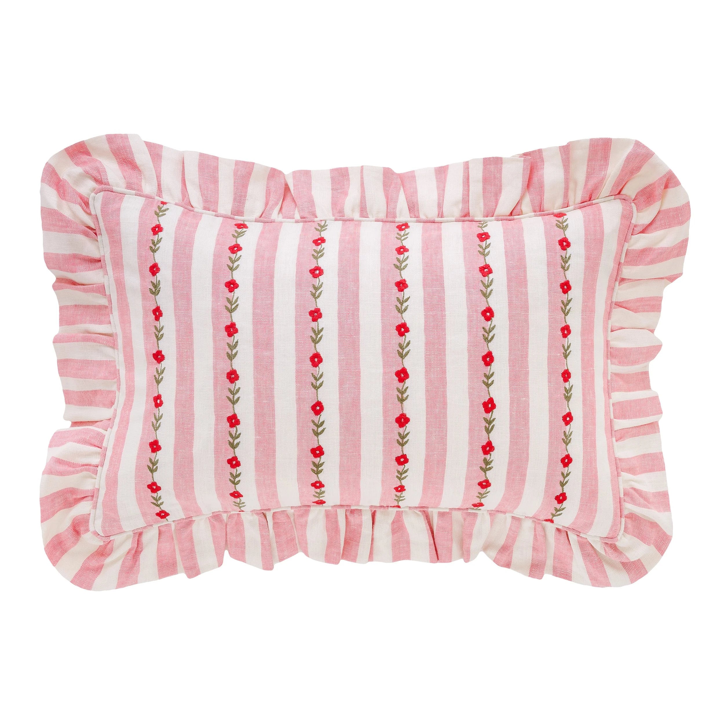Candy stripe embroidered frill cushion, peony (Copy)