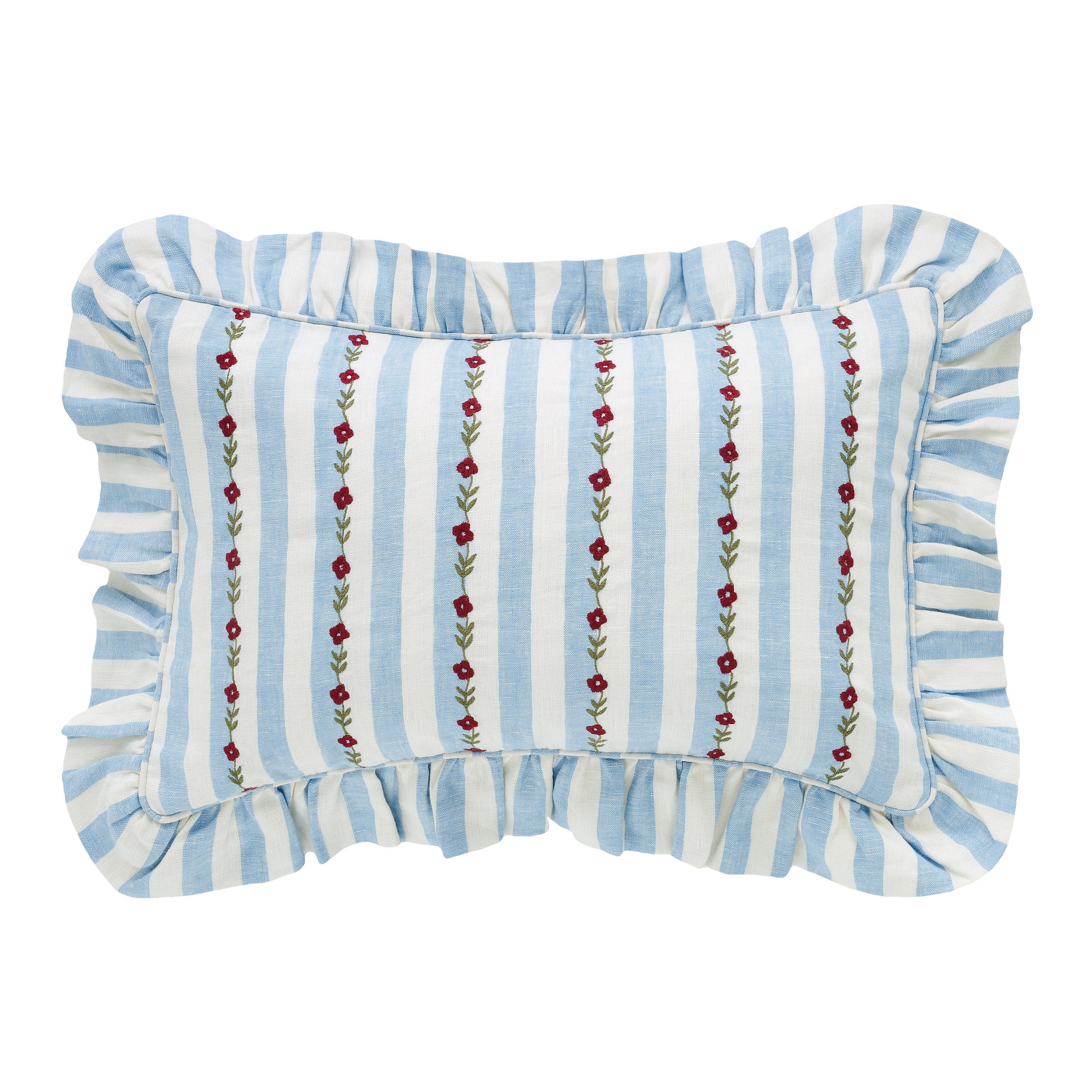 Candy stripe embroidered frill cushion, cornflower