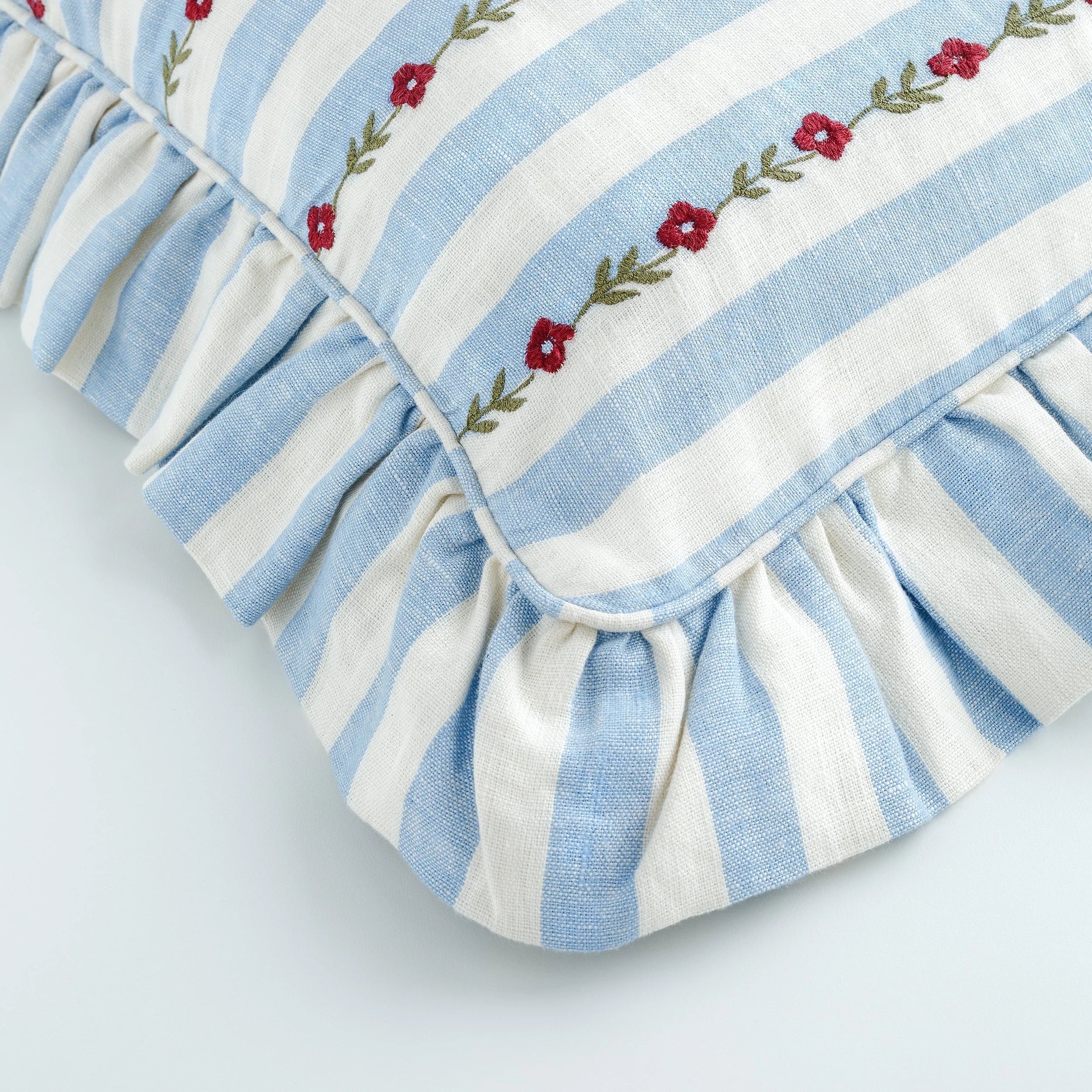 Candy stripe embroidered frill cushion, cornflower