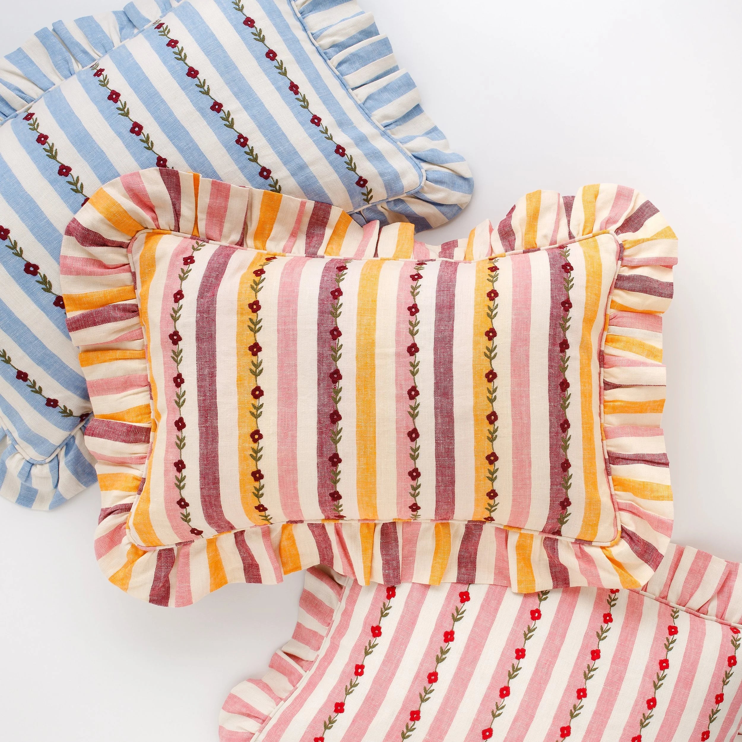 Candy stripe embroidered frill cushion, claret
