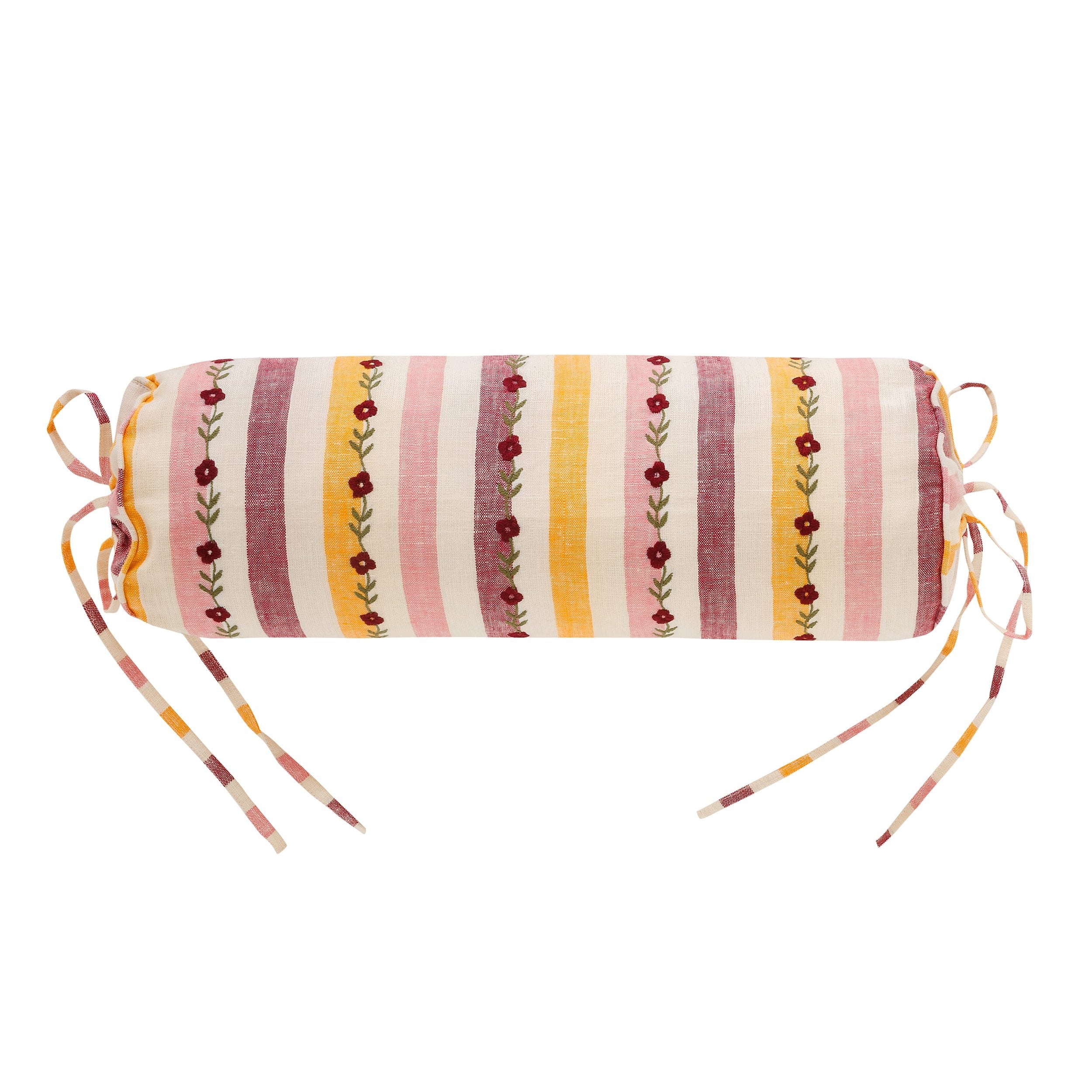 Candy striped embroidered bolster cushion, claret