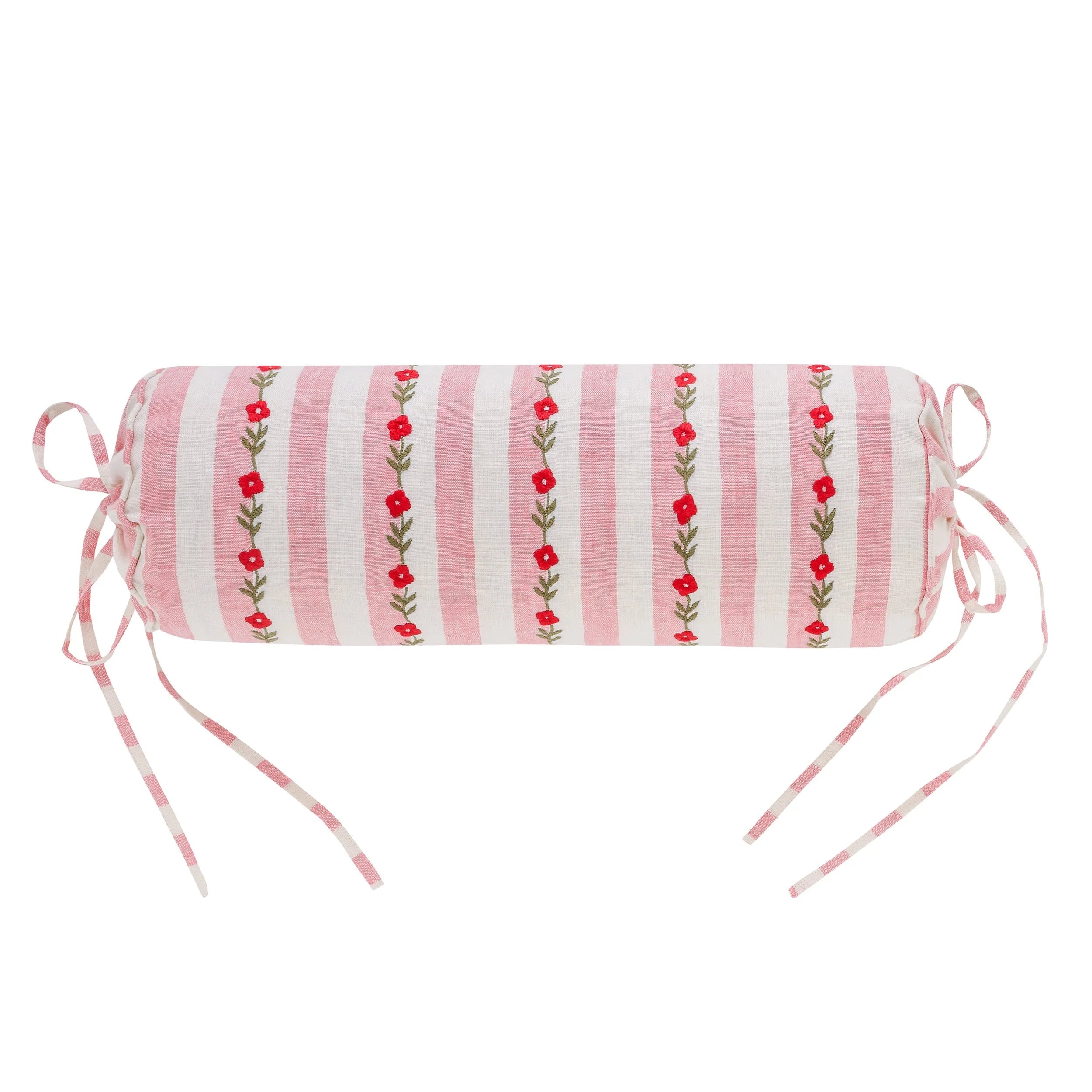 Candy striped embroidered bolster cushion, peony