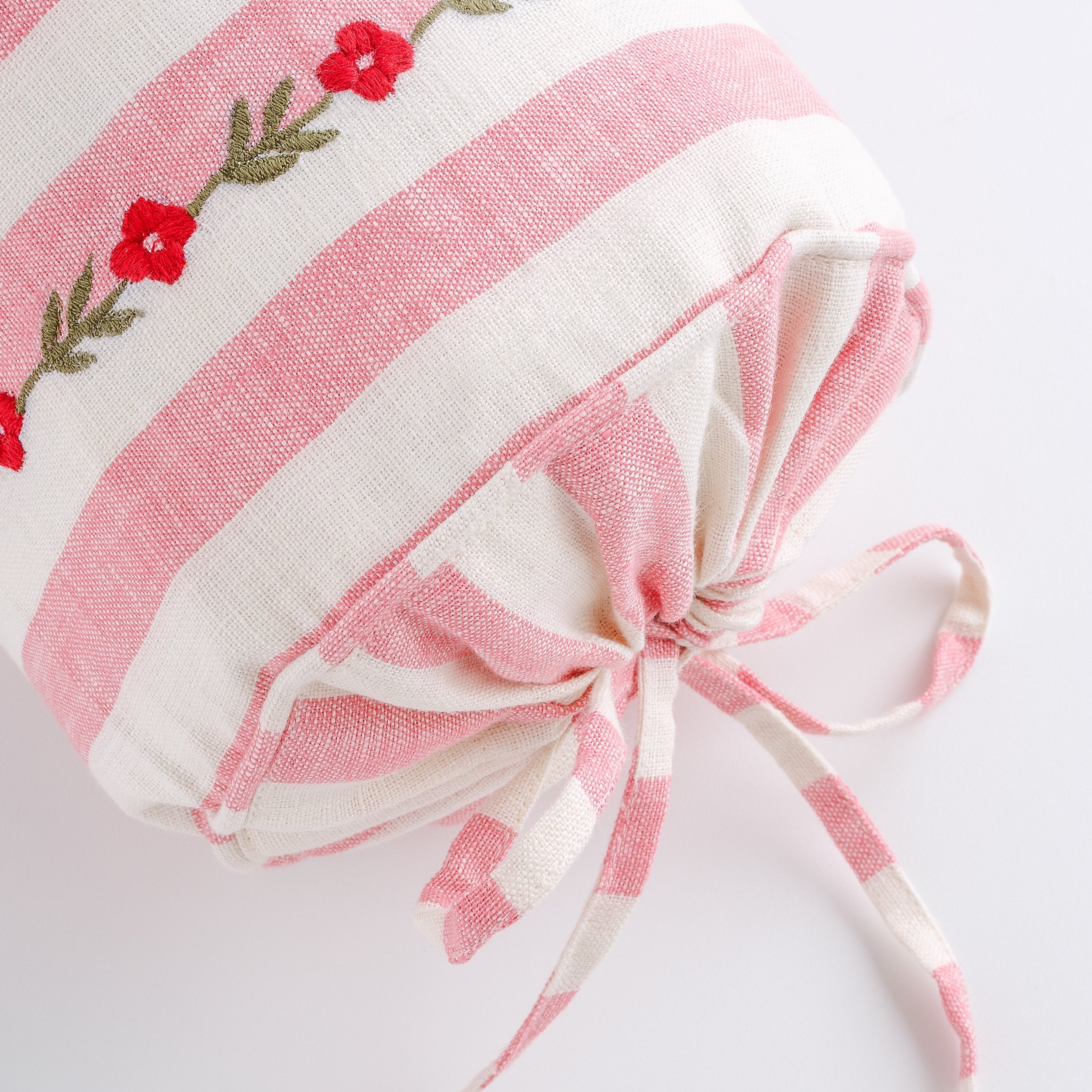 Candy striped embroidered bolster cushion, peony