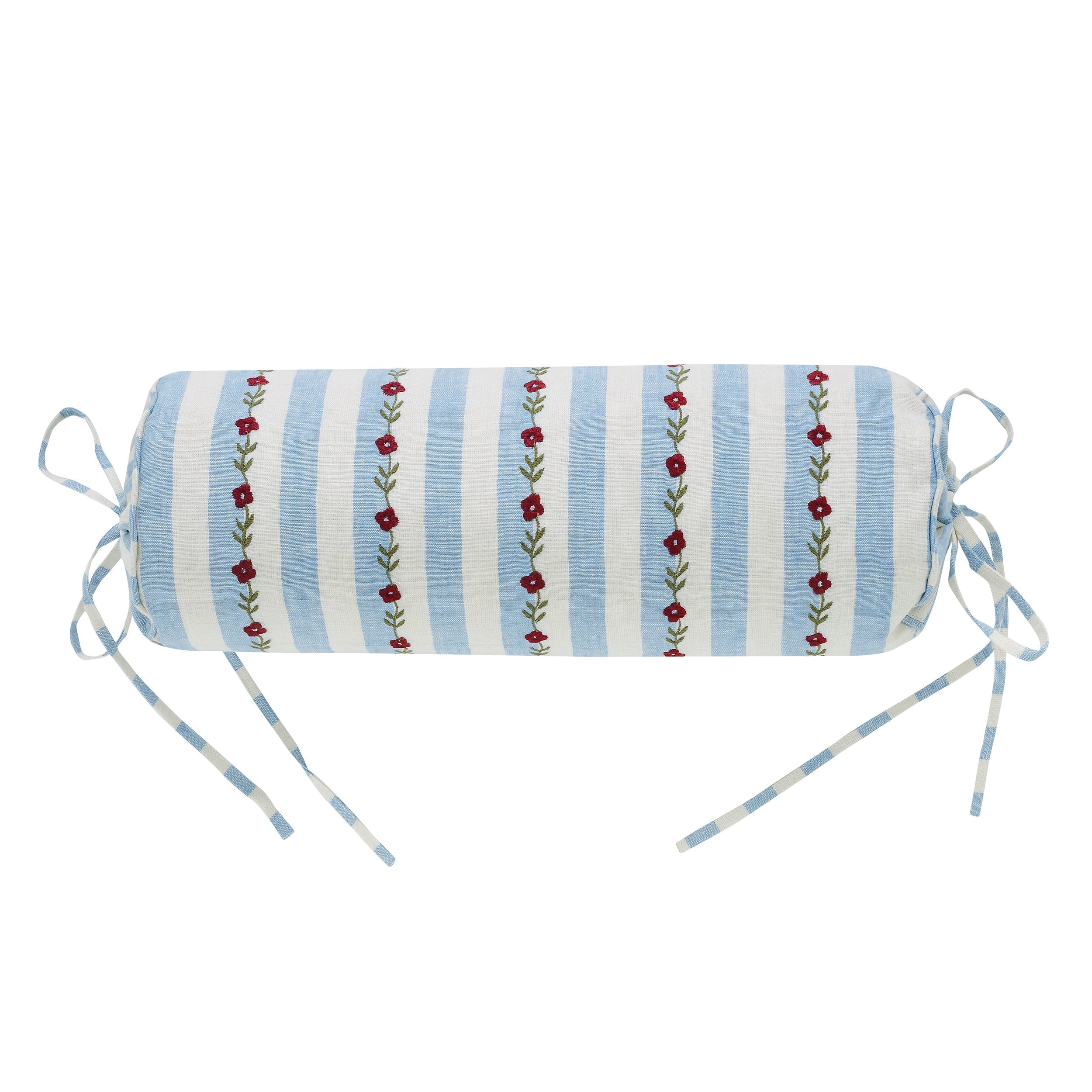 Candy striped embroidered bolster cushion, cornflower