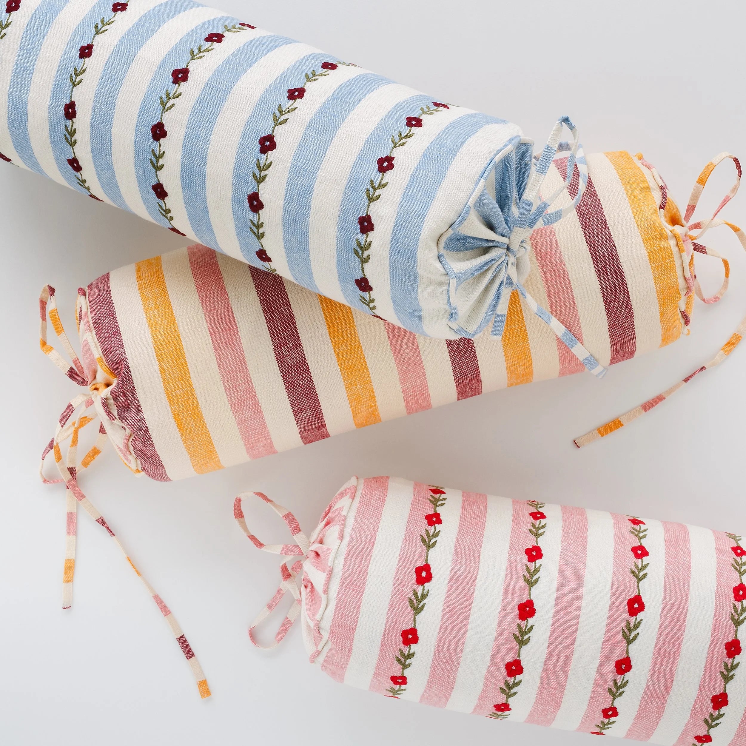 Candy striped embroidered bolster cushion, peony