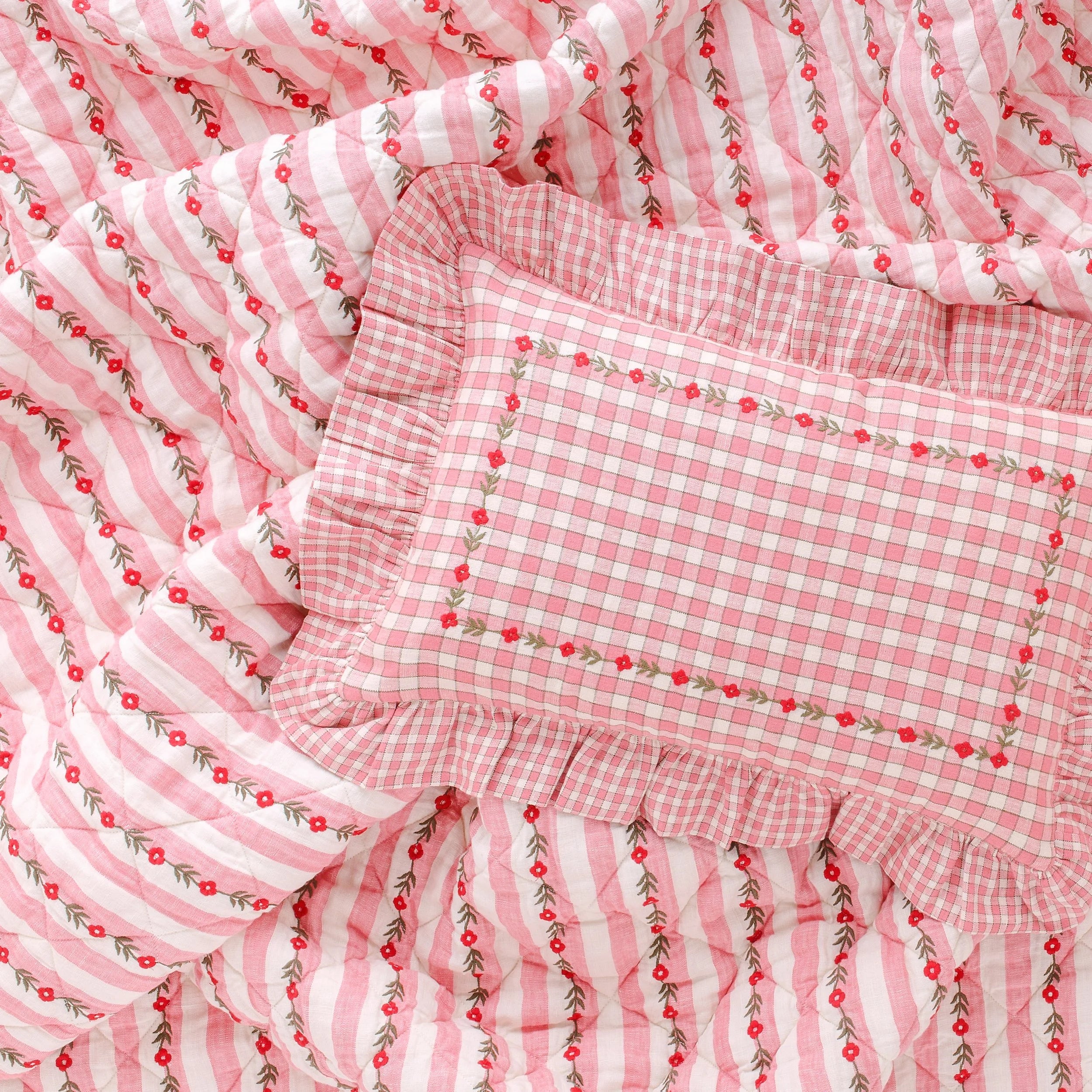 Candy stripe embroidered quilt, peony