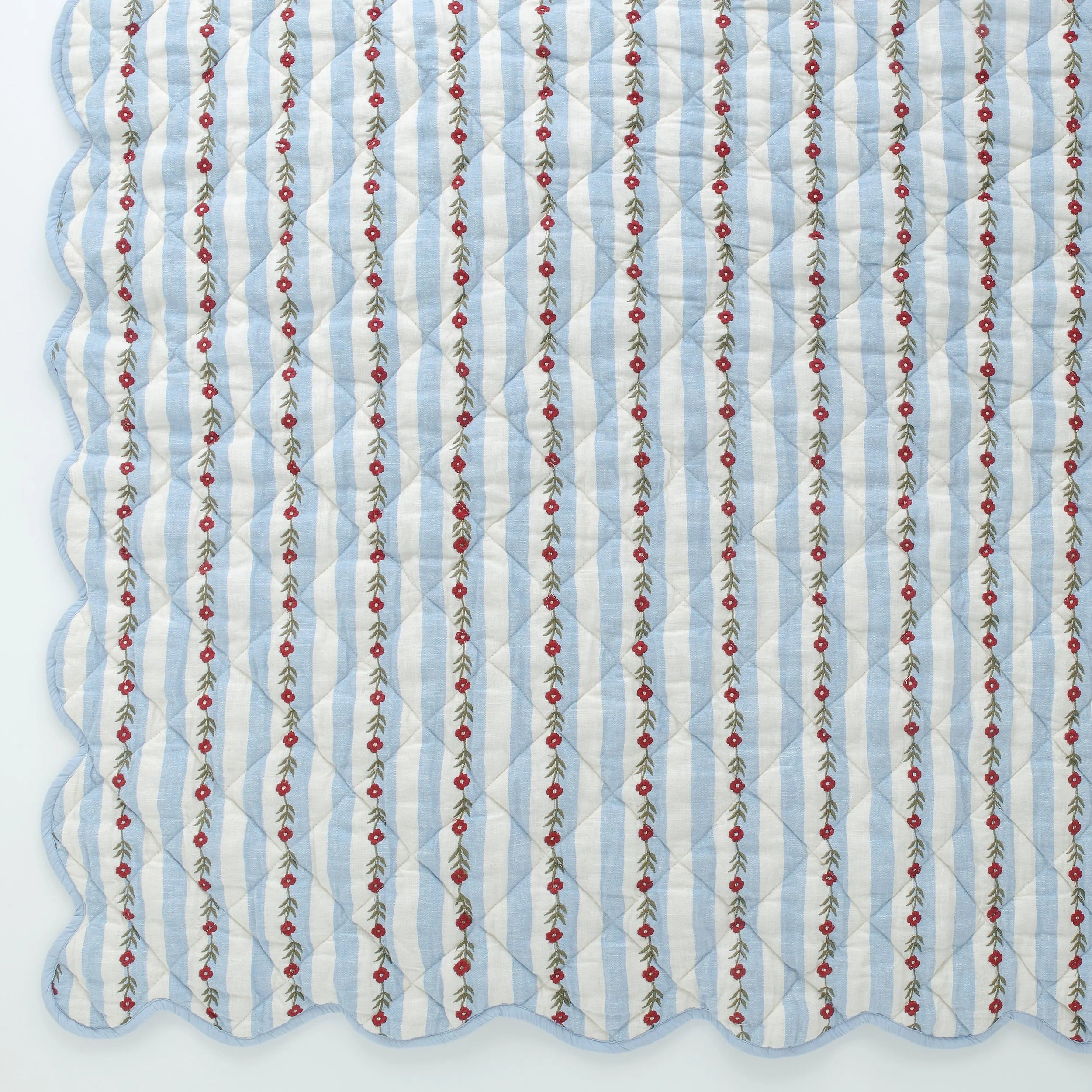 Candy stripe embroidered quilt, cornflower