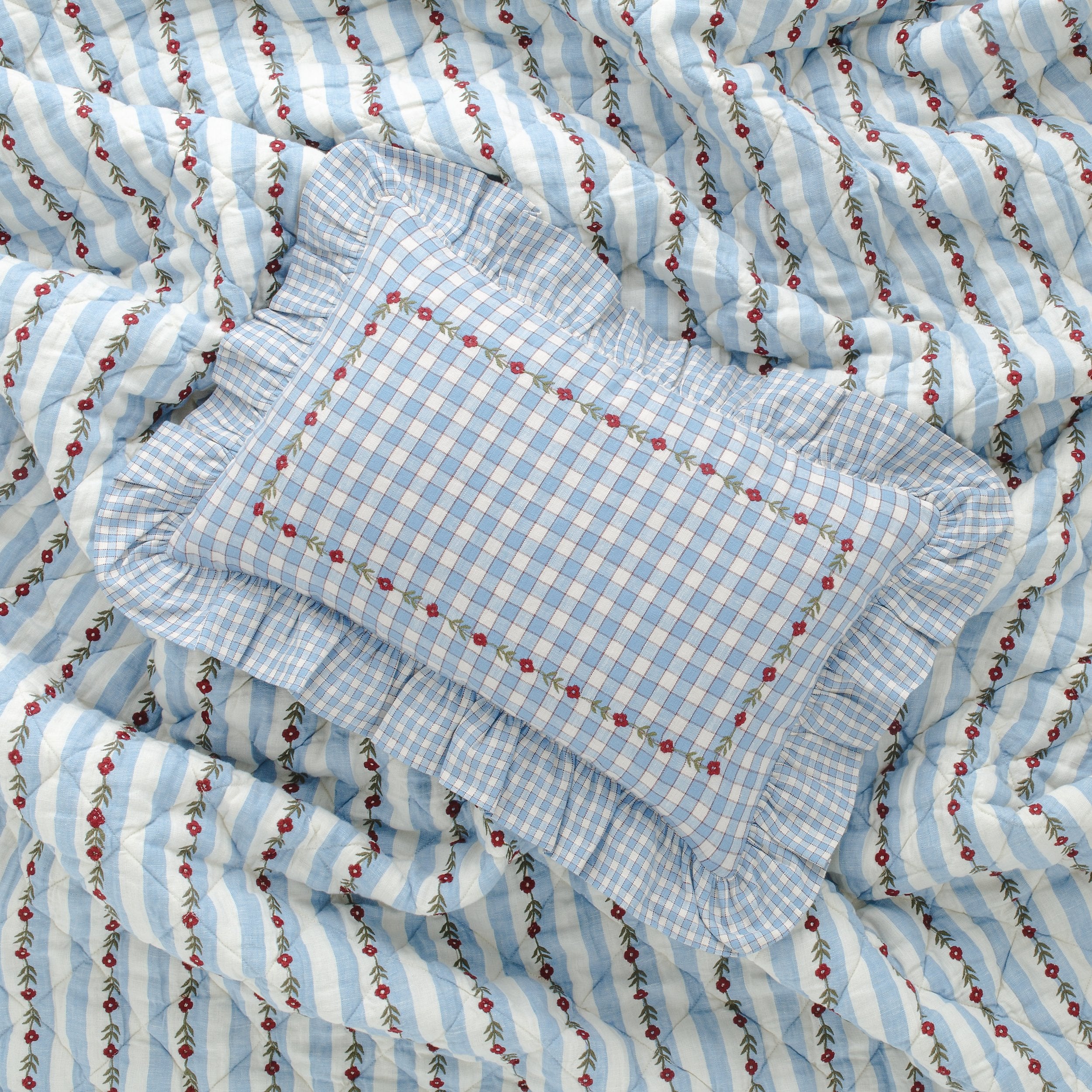 Candy stripe embroidered quilt, cornflower