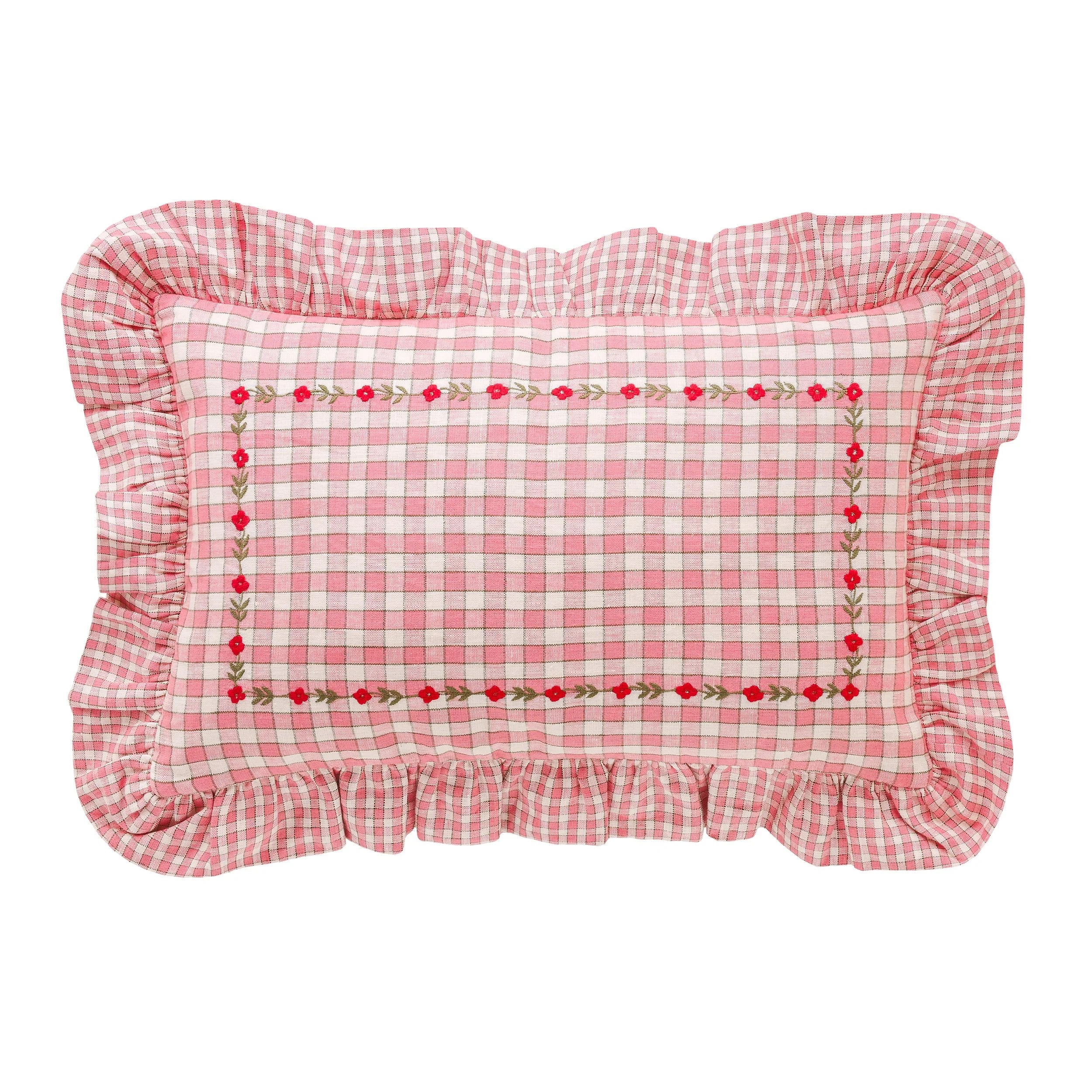 Gingham frill embroidered cushion, peony