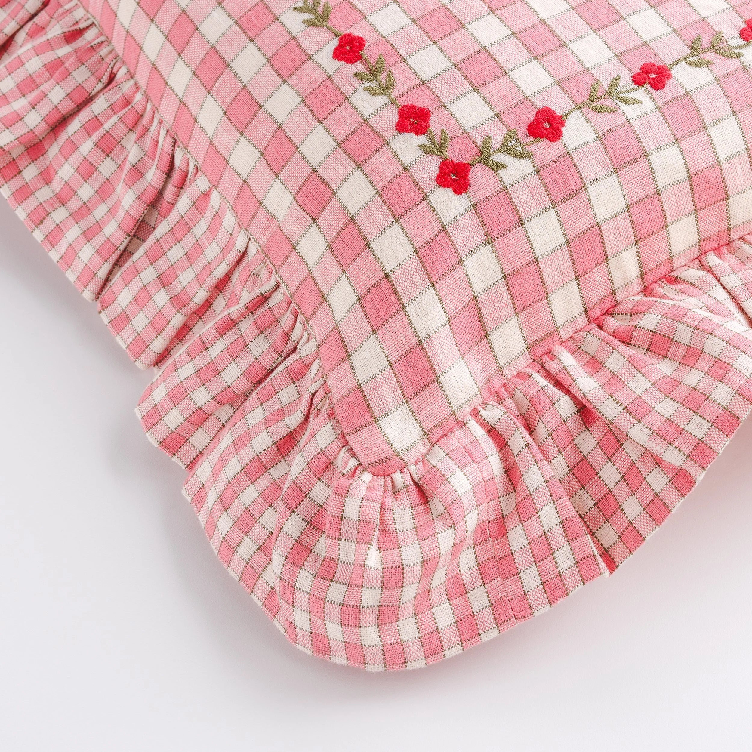 Gingham frill embroidered cushion, peony