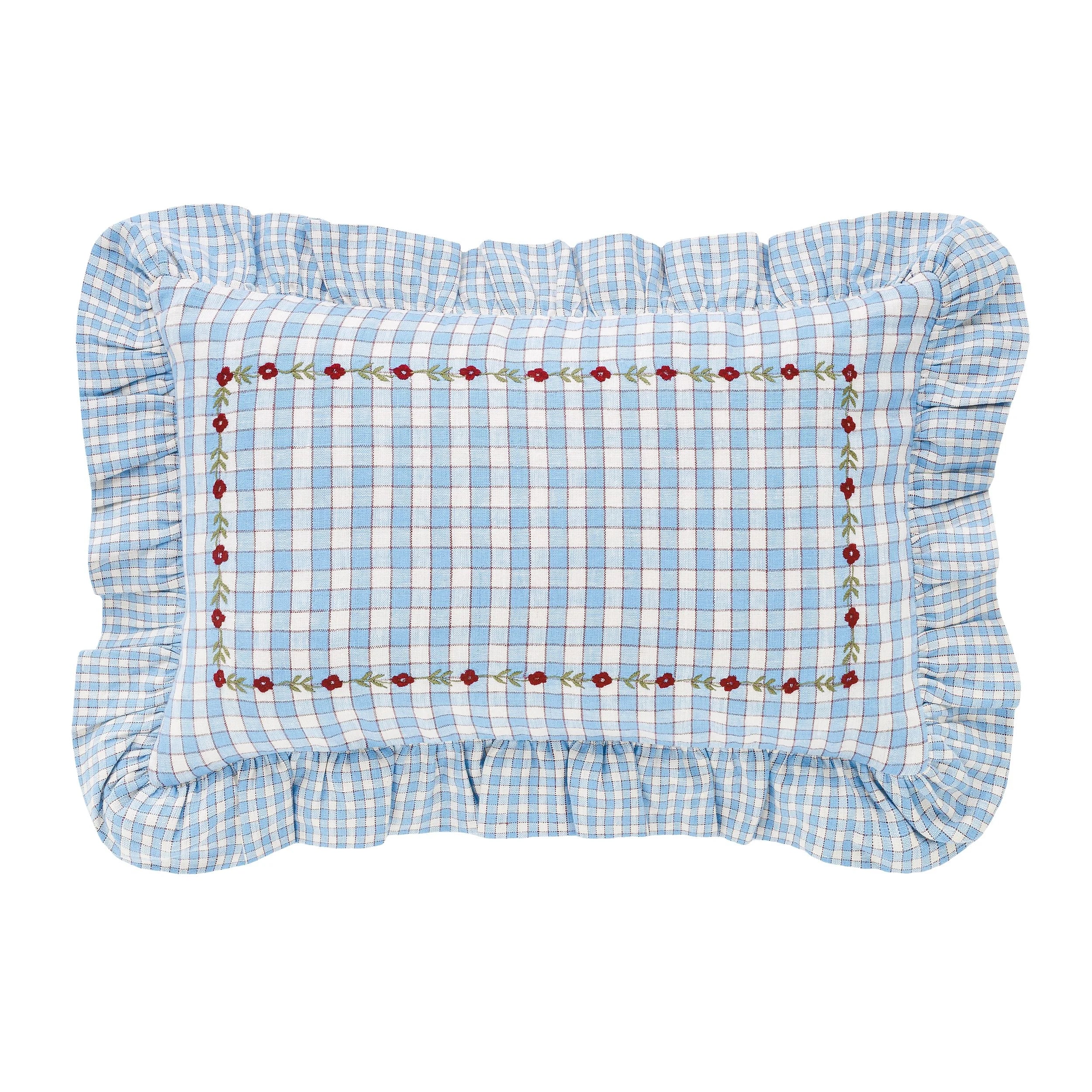 Gingham frill embroidered cushion, cornflower