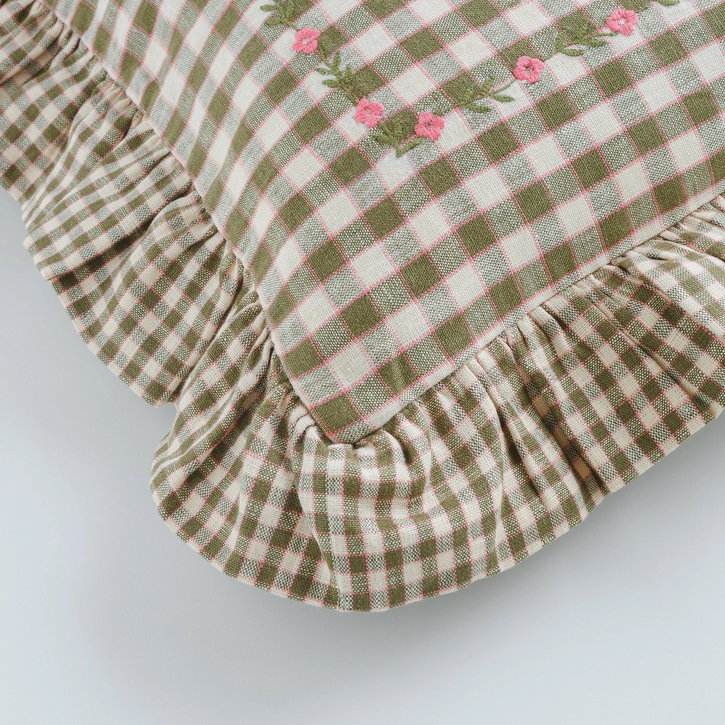 Gingham frill embroidered cushion, olive