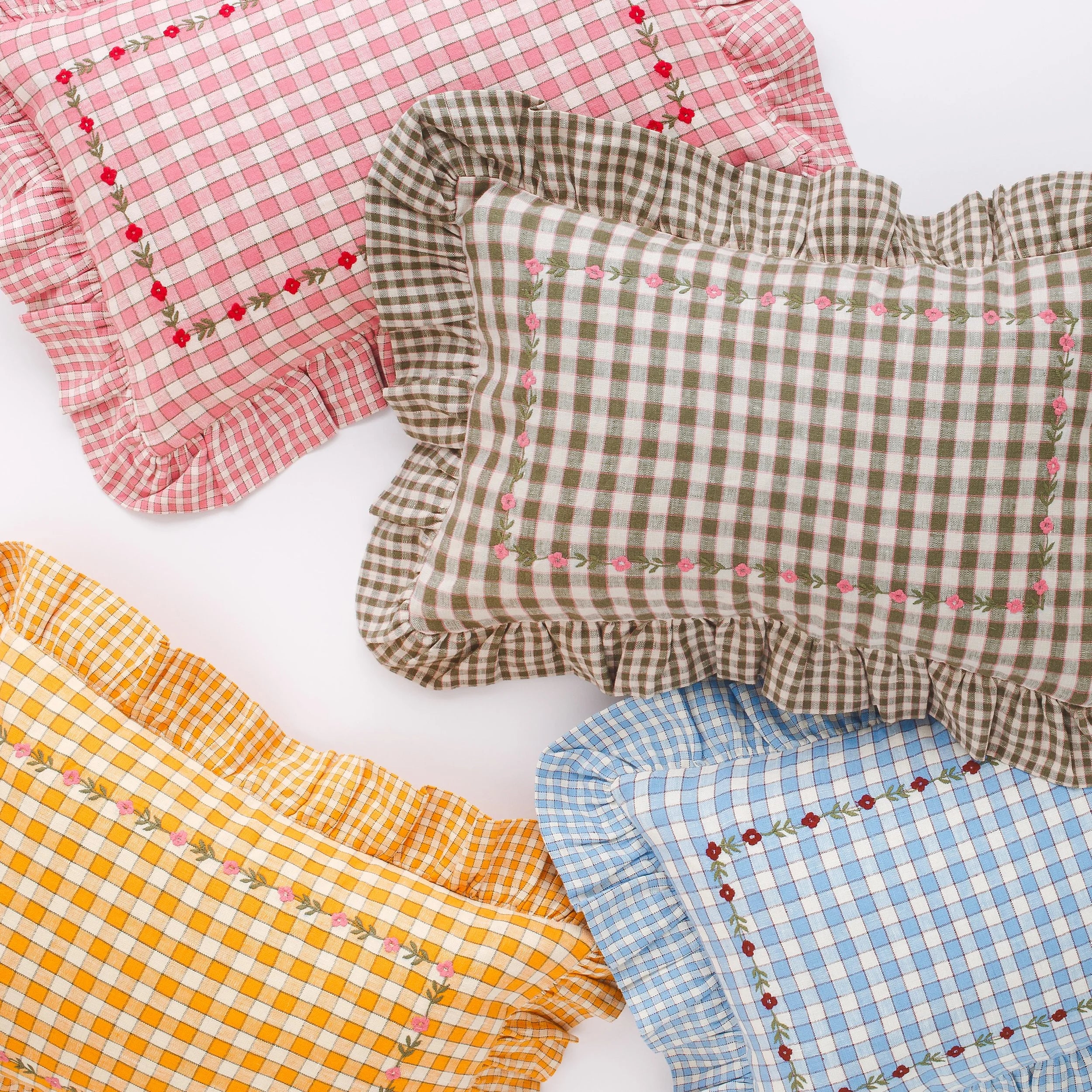 Gingham frill embroidered cushion, cornflower