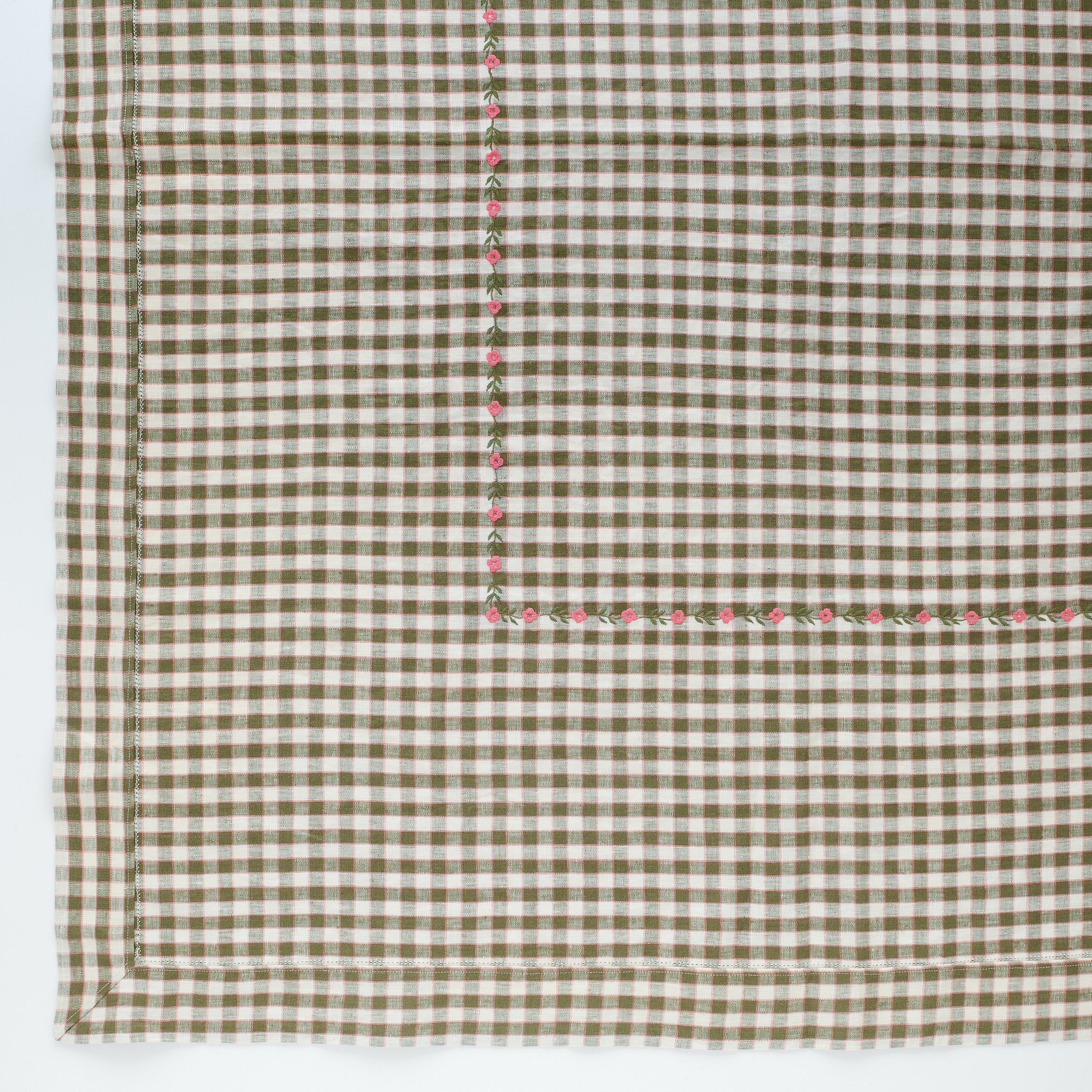 Gingham embroidered tablecloth, olive