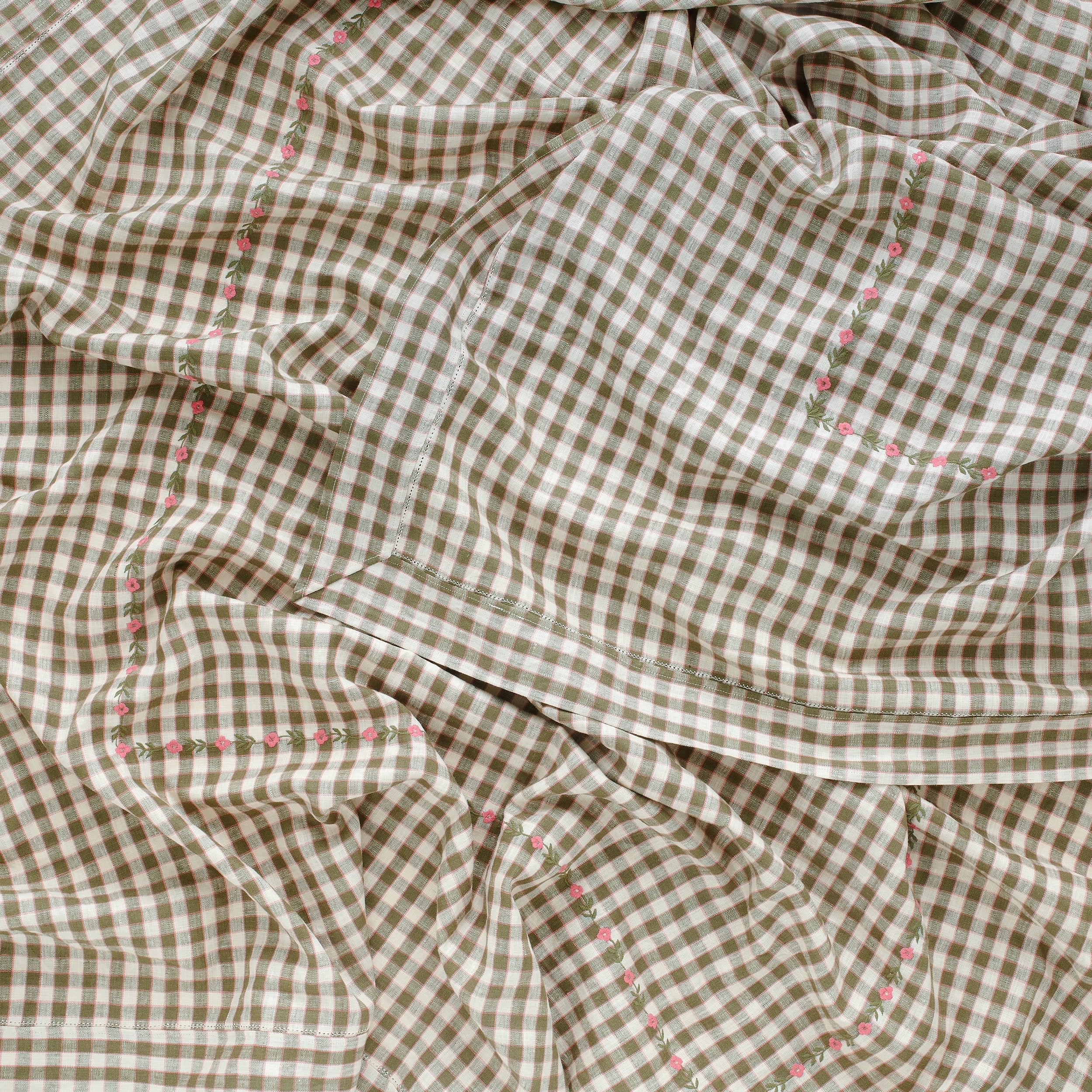 Gingham embroidered tablecloth, olive
