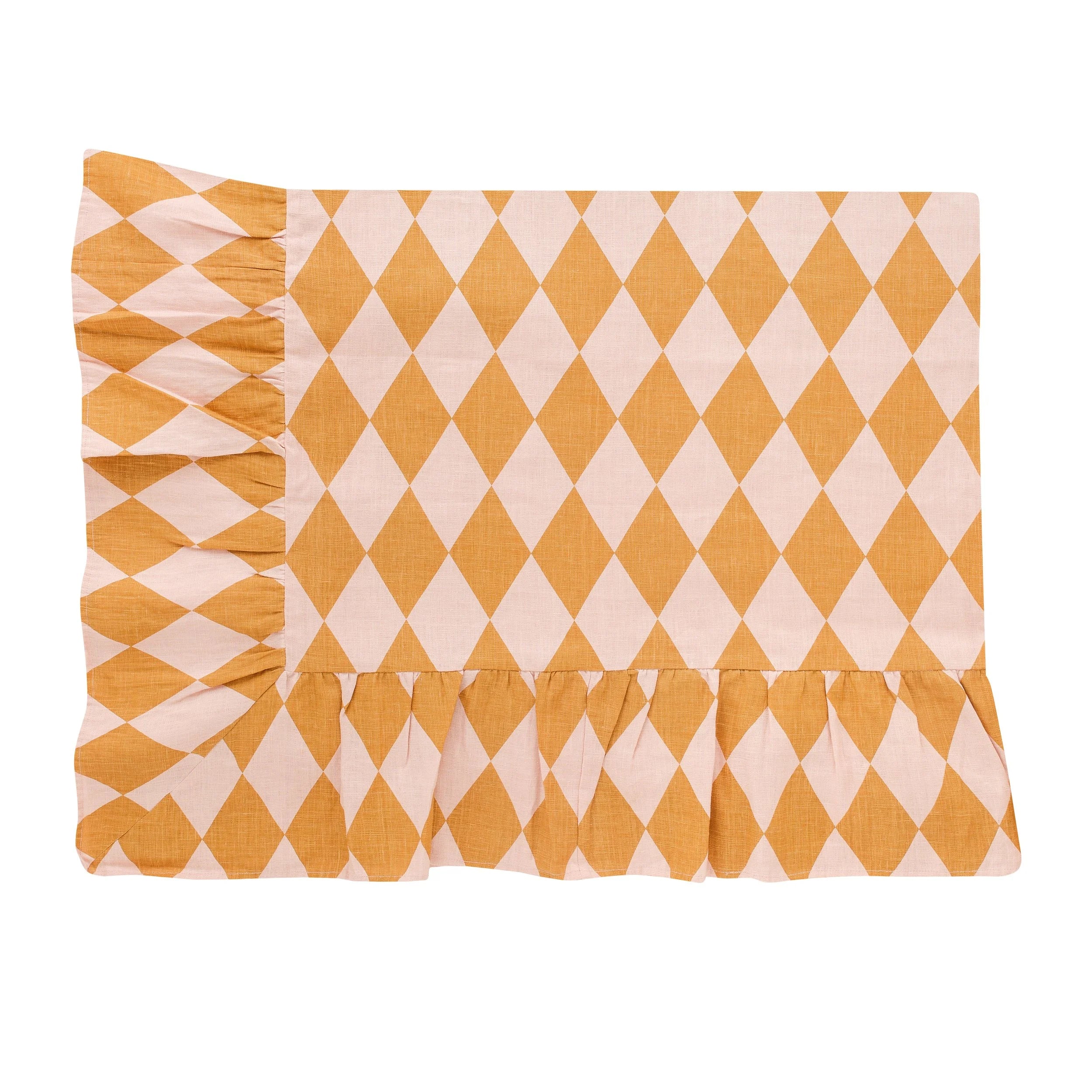 Harlequin frill tablecloth, mustard/peach