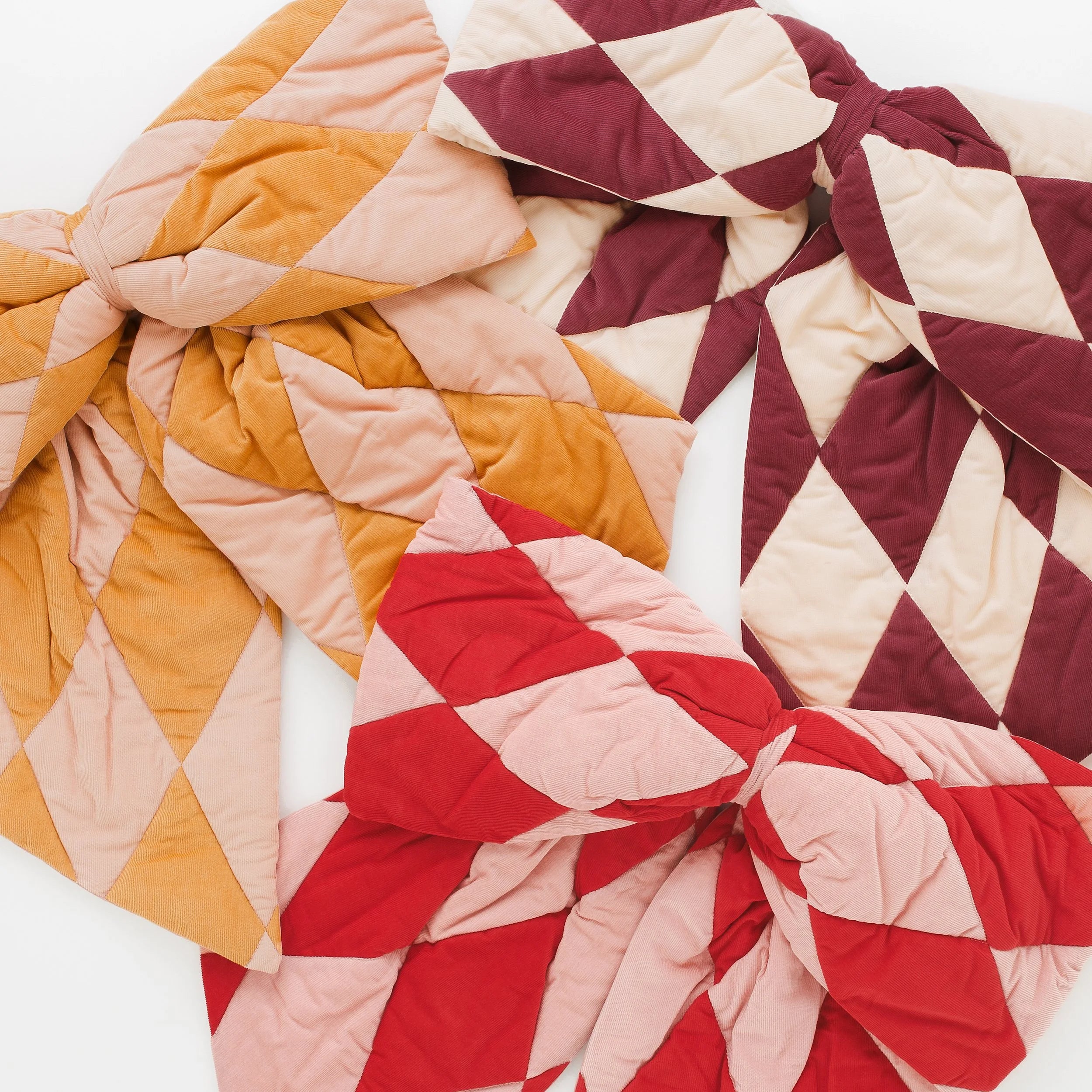 Harlequin cord patchwork bow, mustard/peach