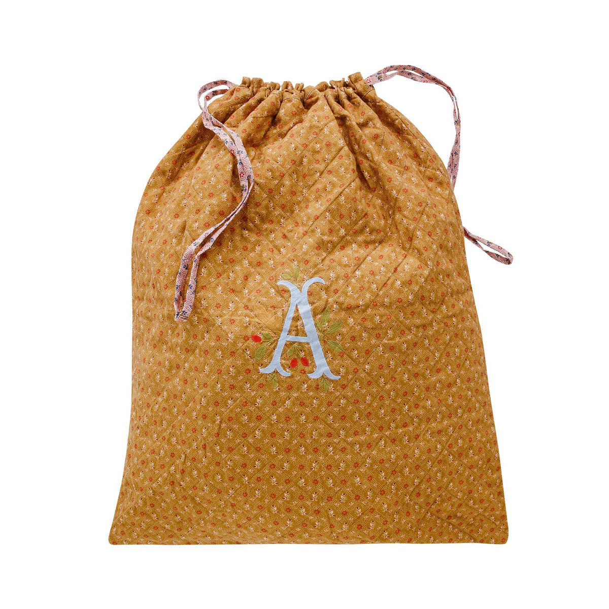Personalised Santa's gift sack with letter embroidery, Tähti turmeric