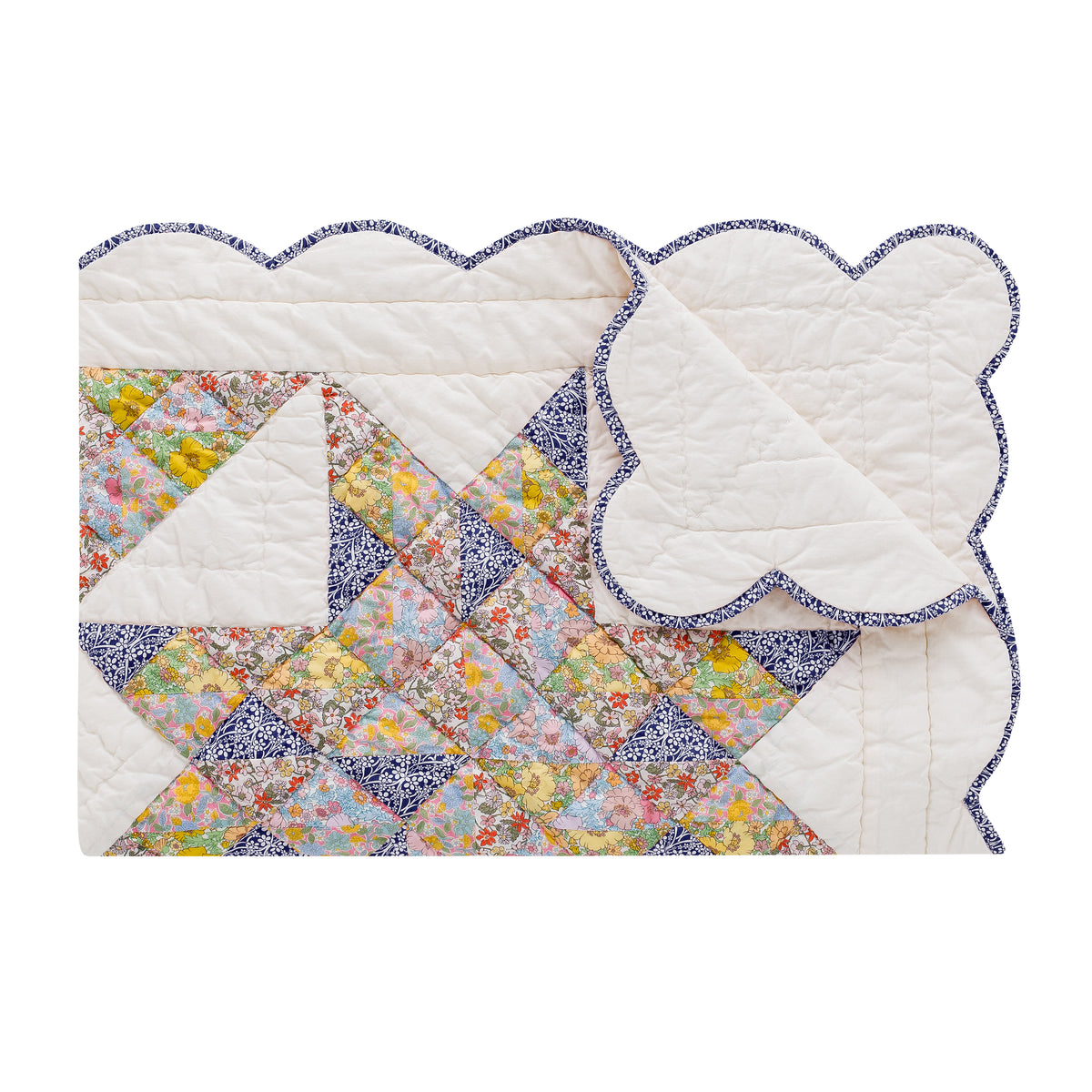 Patch of Paradise, made with Liberty fabrics, patchwork BABY quilt, navy