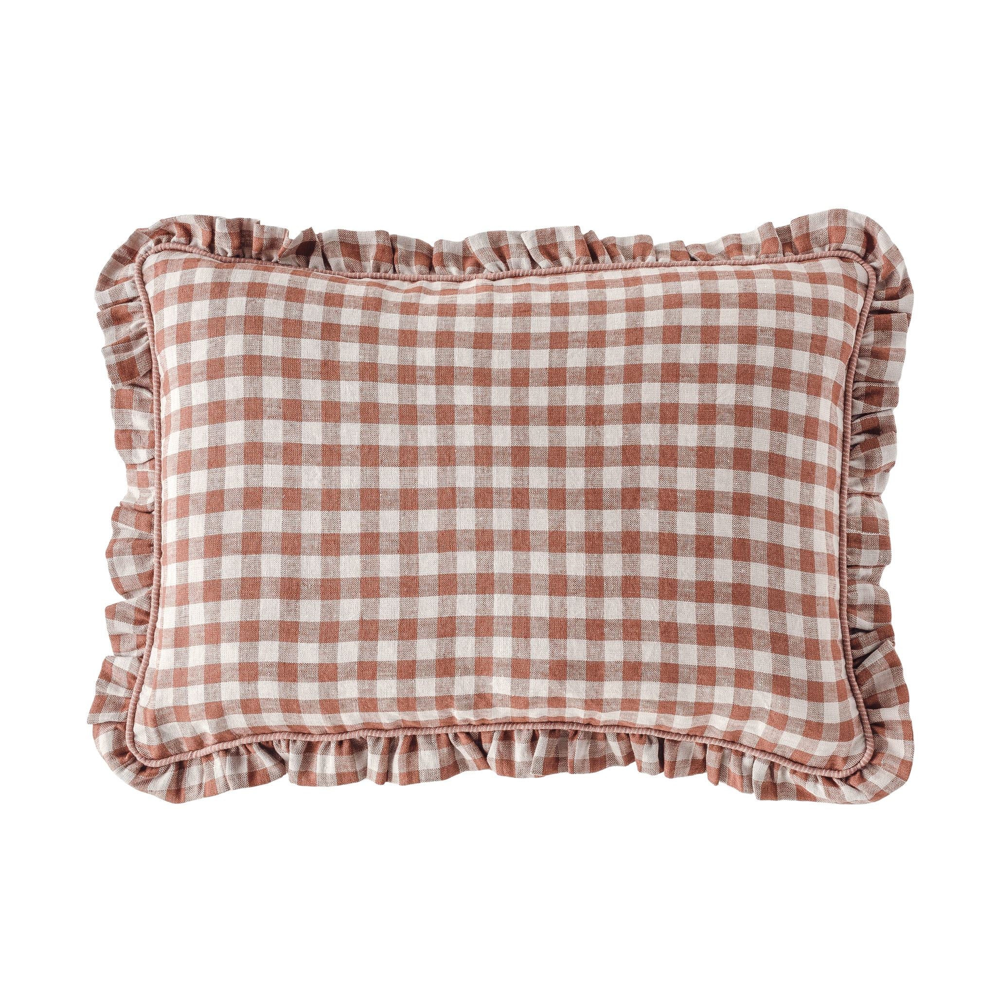 Gingam frill cushion, rusty blush