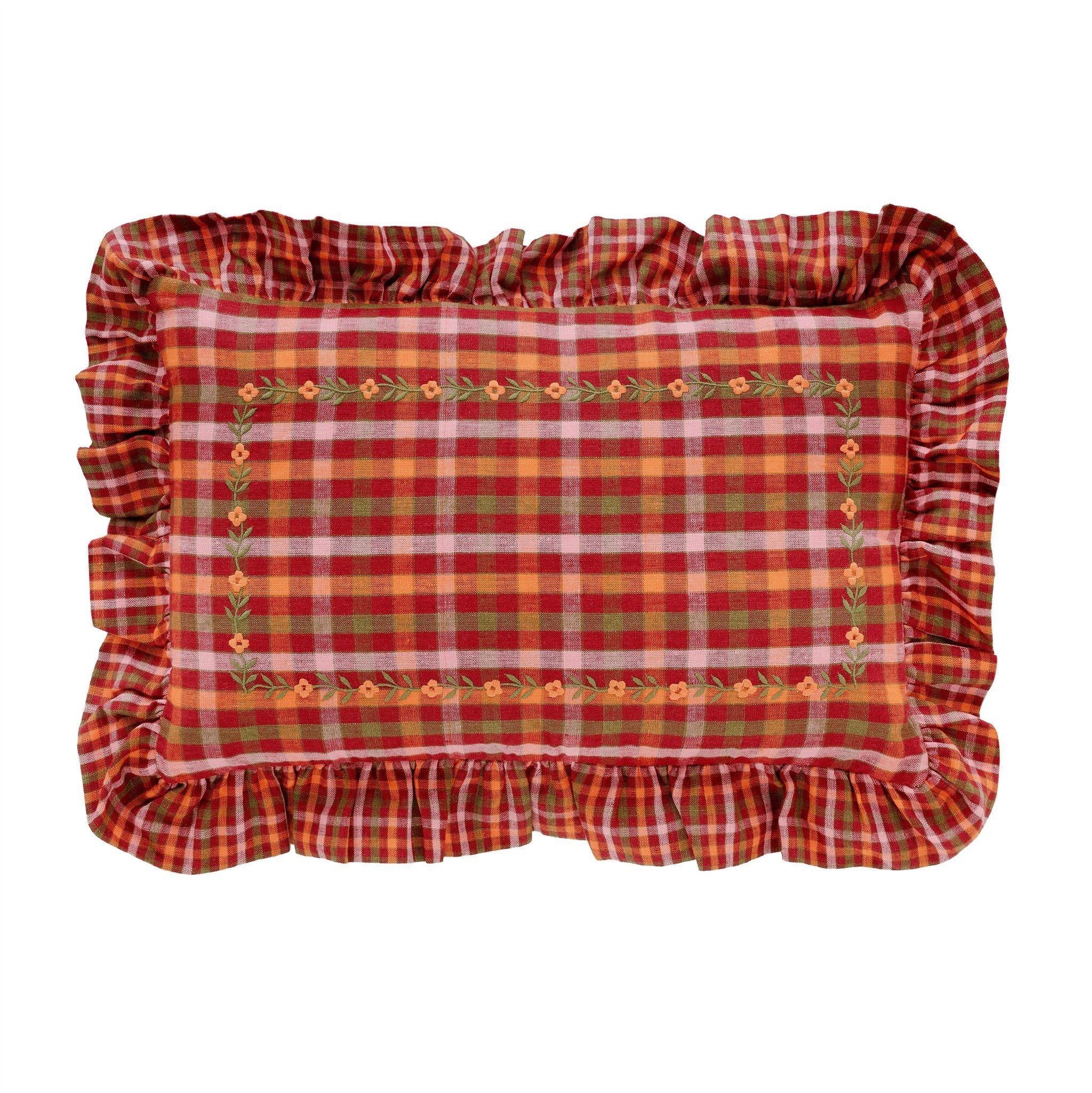 Luumu, check frill embroidered cushion