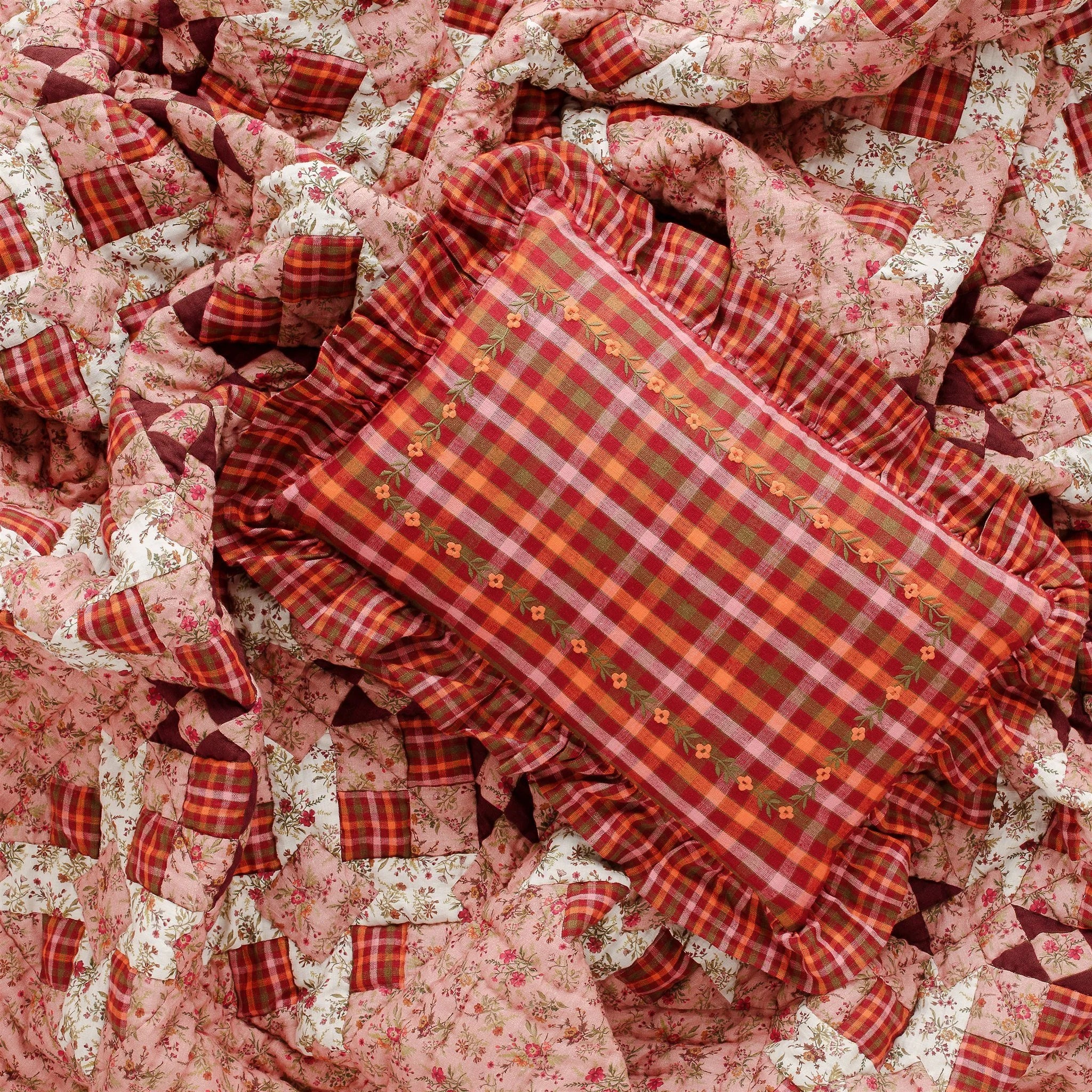 Luumu, check frill embroidered cushion