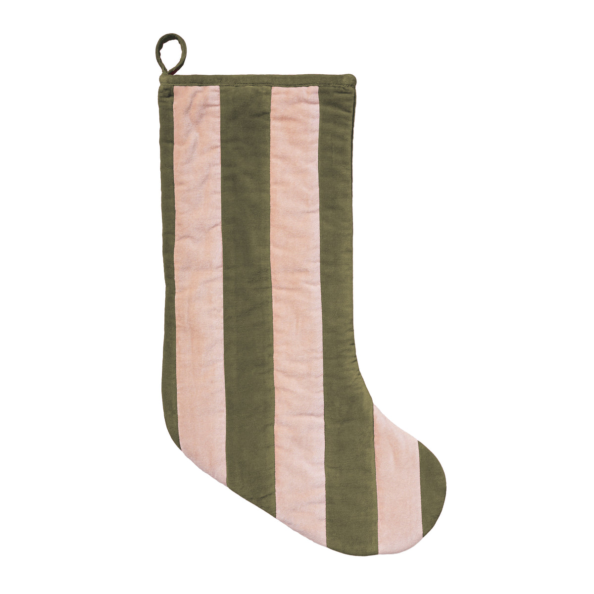 Patchwork stripe velvet Christmas stocking, olive/pink