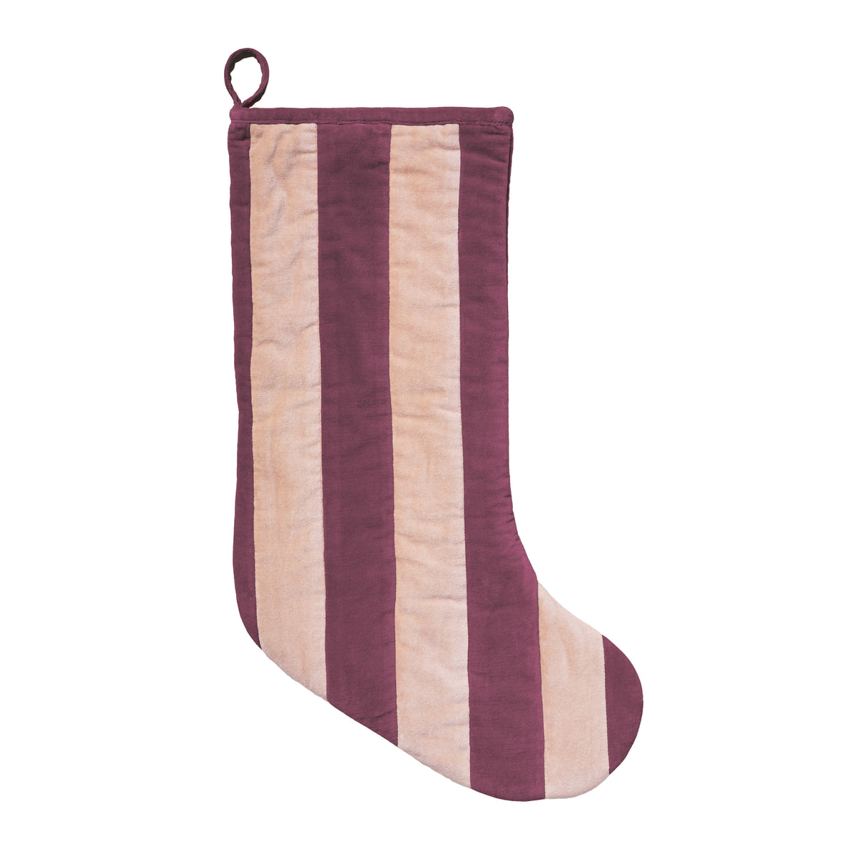Patchwork stripe velvet Christmas stocking, claret/pink