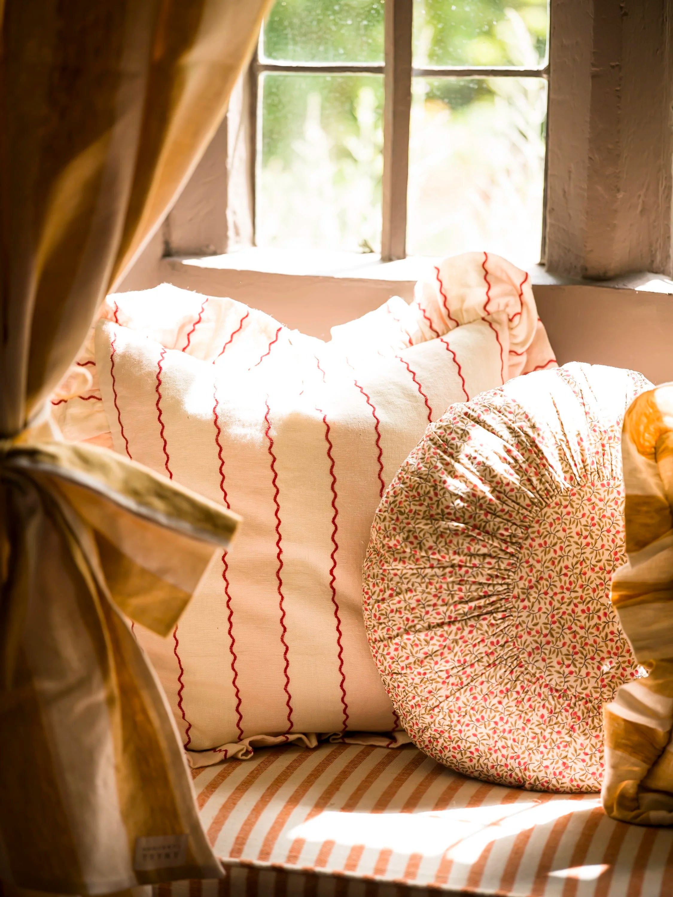 Marionette stripe embroidered cushion, pink/cream
