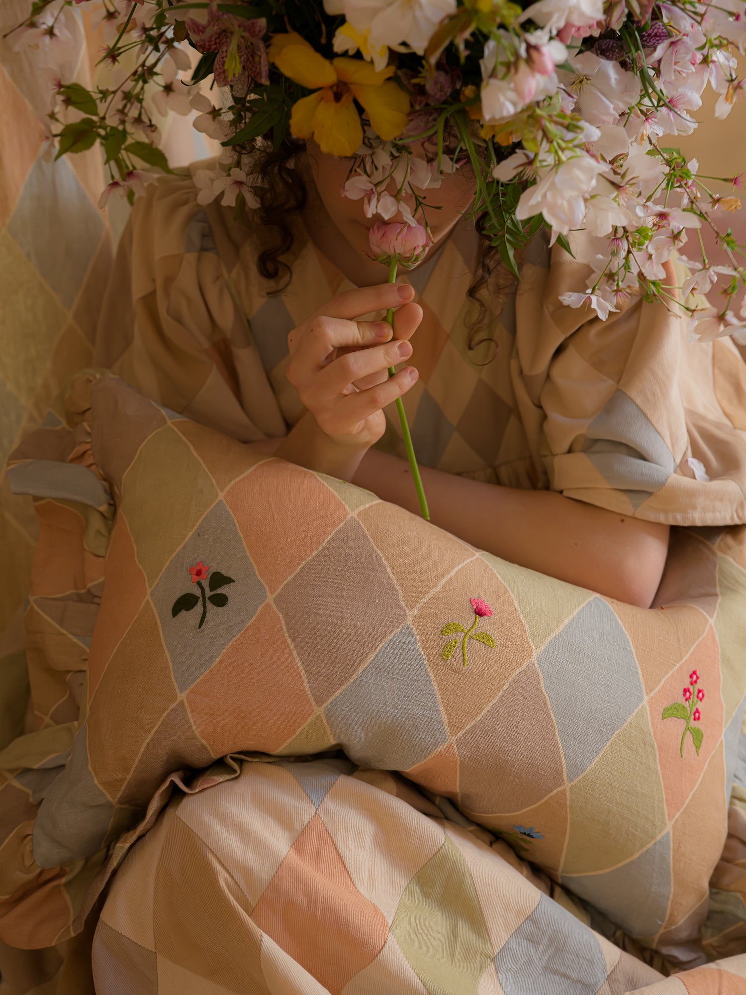Harlequin frill embroidered cushion, macaron