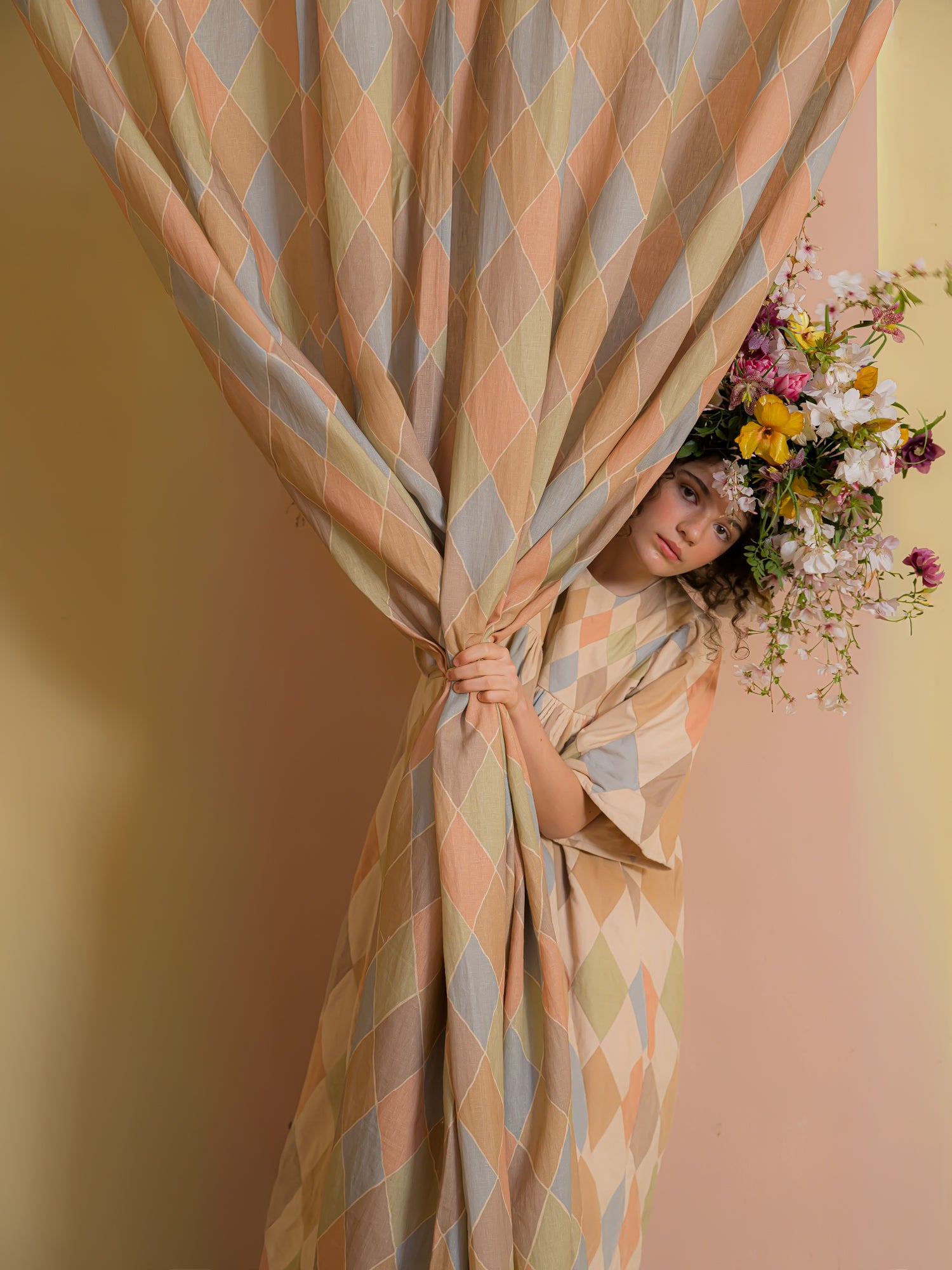 Harlequin curtains, a pair in a bag, macaron