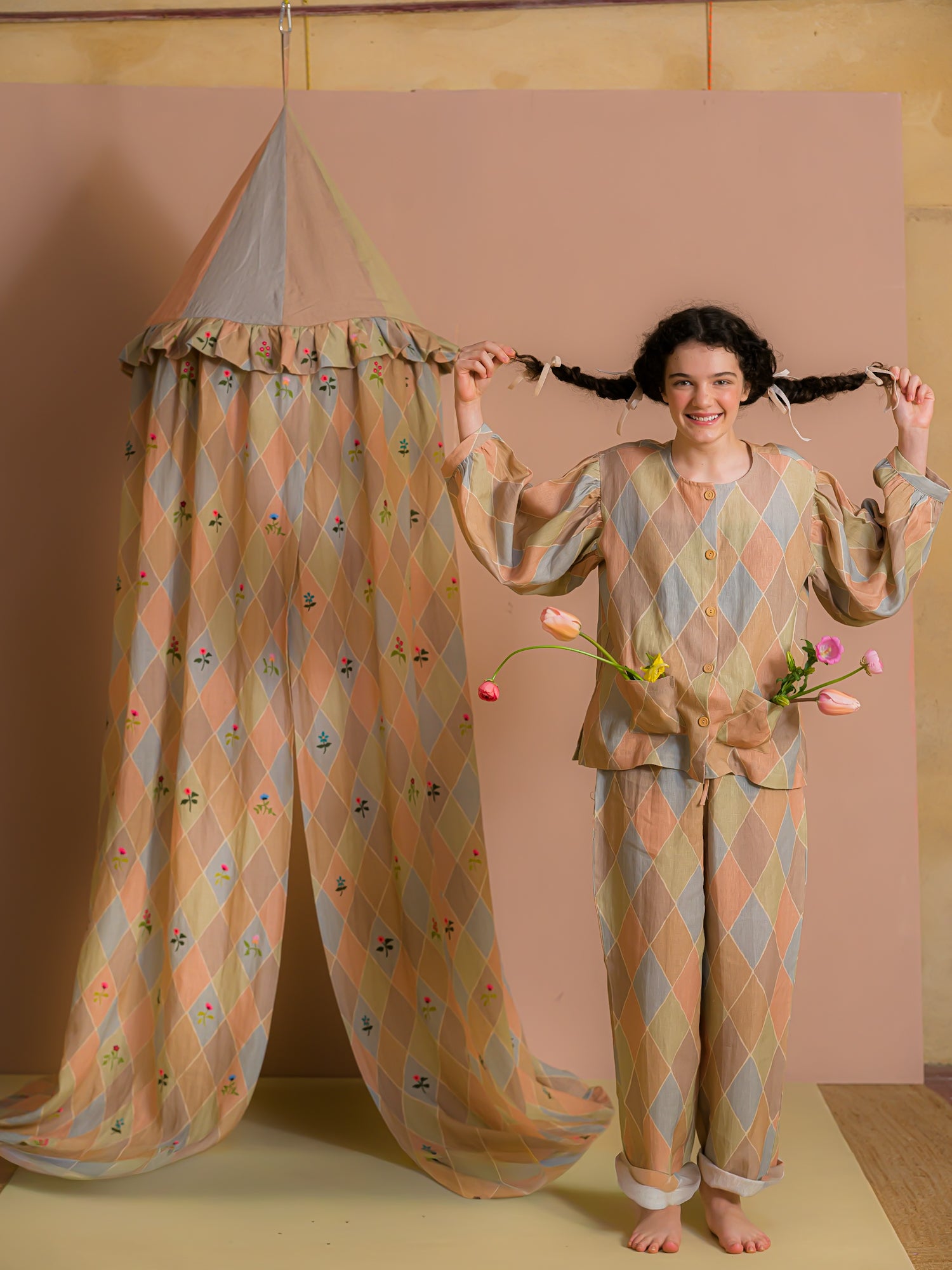 Harlequin canopy (with wildflower embroidery), macaron