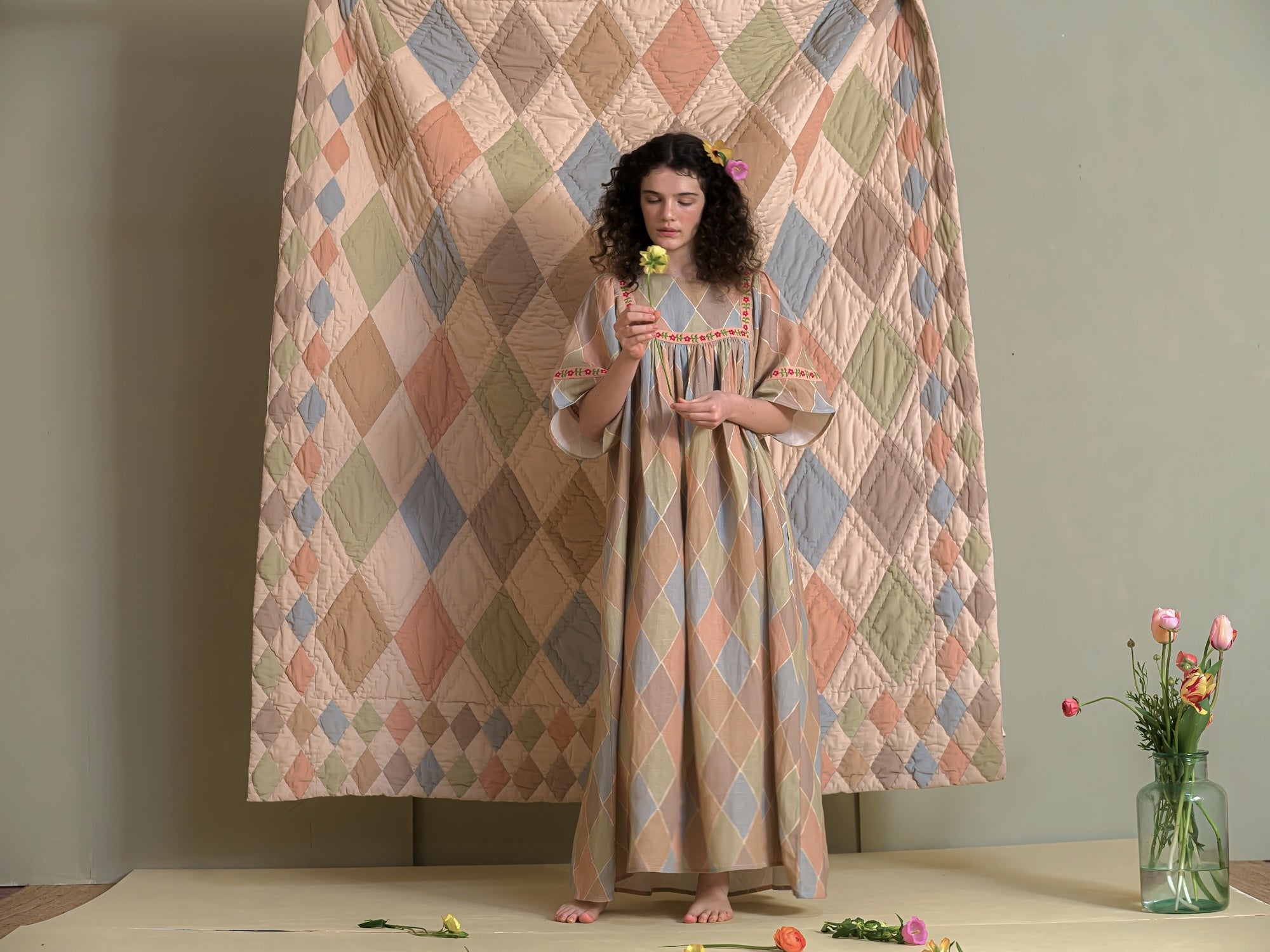 Harlequin maxi nightie/dress, macaron