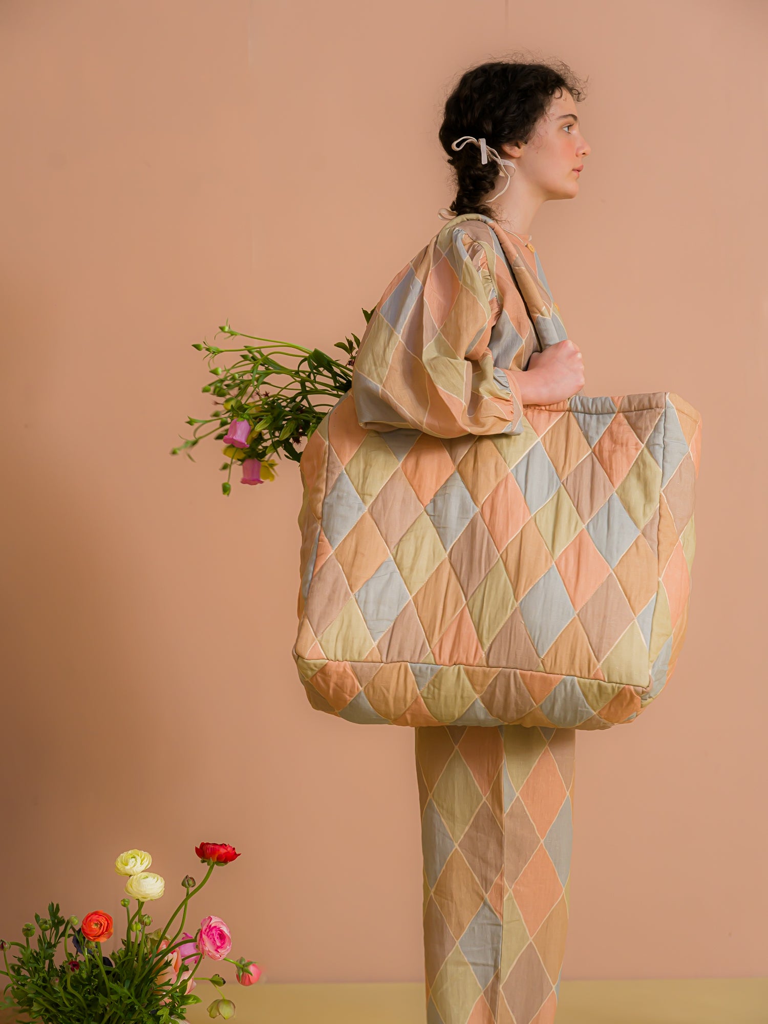 Harlequin quilted bag, macaron